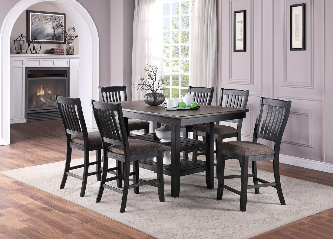 Transitional Dining Room 7Pc Set Dark Coffee Rubberwood Counter Height Dining Table W 2X Shelfs And 6X High Chairs Fabric Upholstered Seats Unique Back Counter Height Chairs Gray Wood Dining Room Solid Wood Rubberwood Rectangular Dining Table With Chair