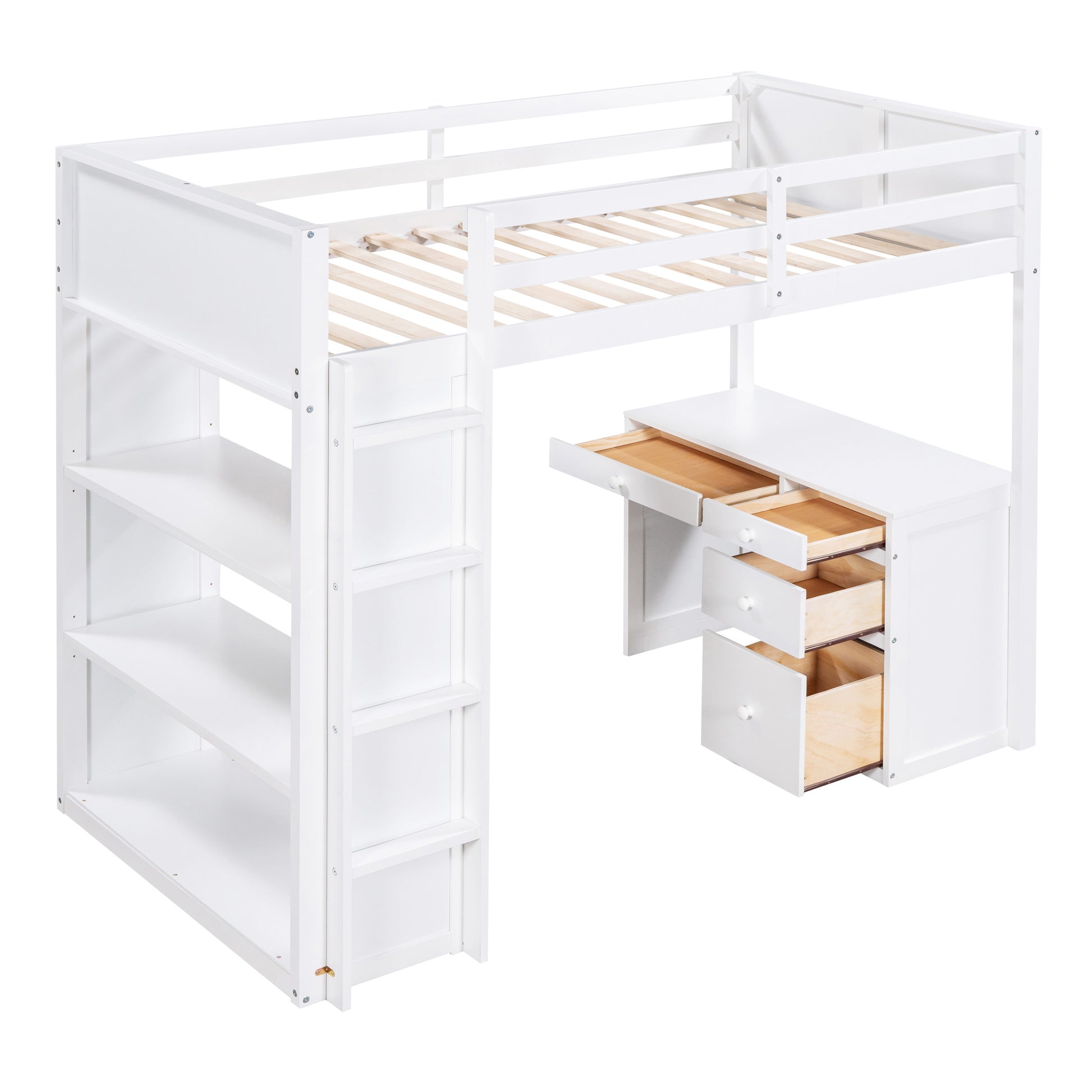 Twin Size Loft Bed With Ladder, Shelves, And Desk, White Gray Solid Wood Mdf