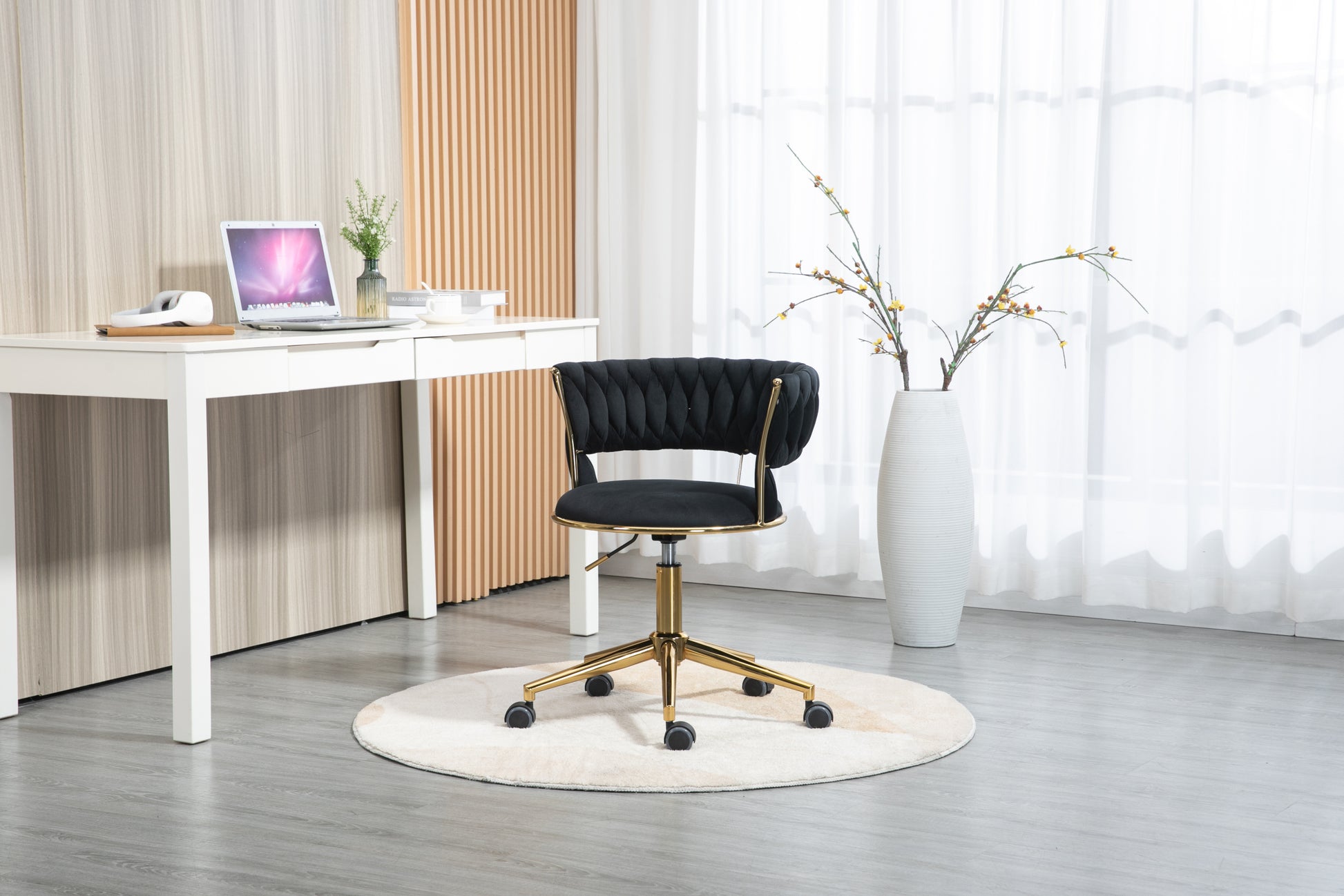 Coolmore Home Office Desk Chair, Vanity Chair, Modern Adjustable Home Computer Executive Chair Swivel Task Chair For Small Space, Living Room, Make Up, Studying Black Polyester