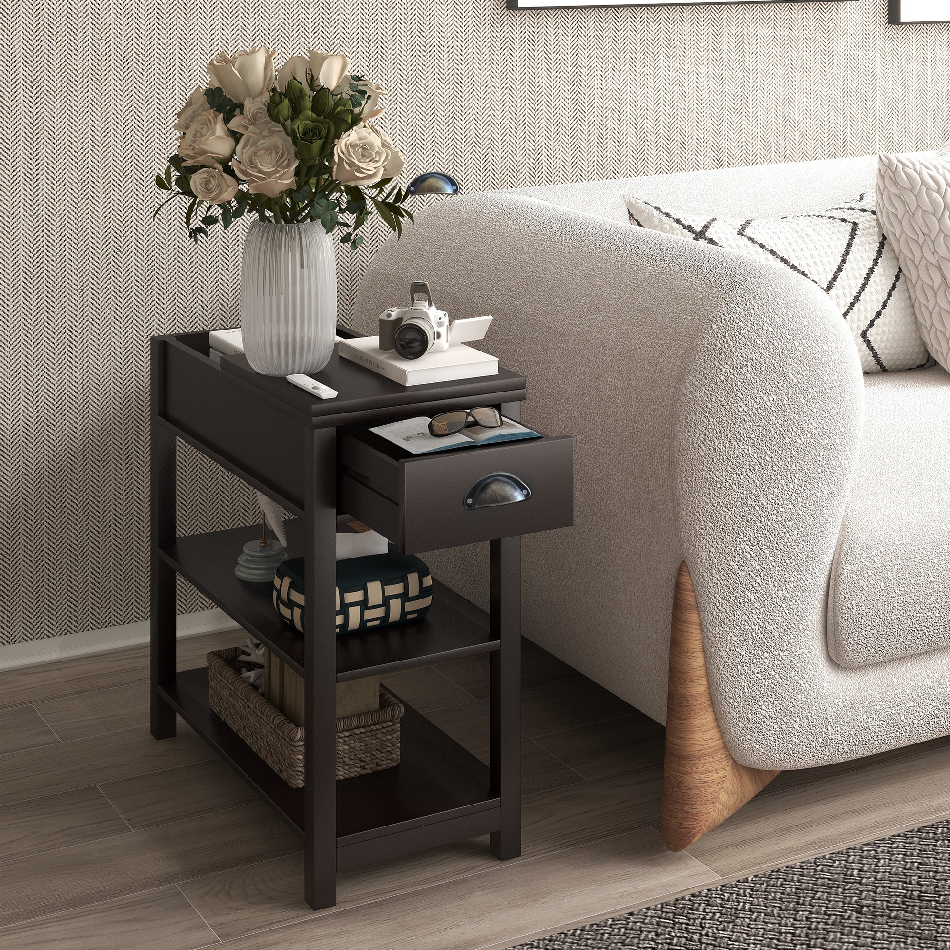 Narrow Sided Table With Drawers And Bottom Partition In Flip Over Design Brown Brown Mdf