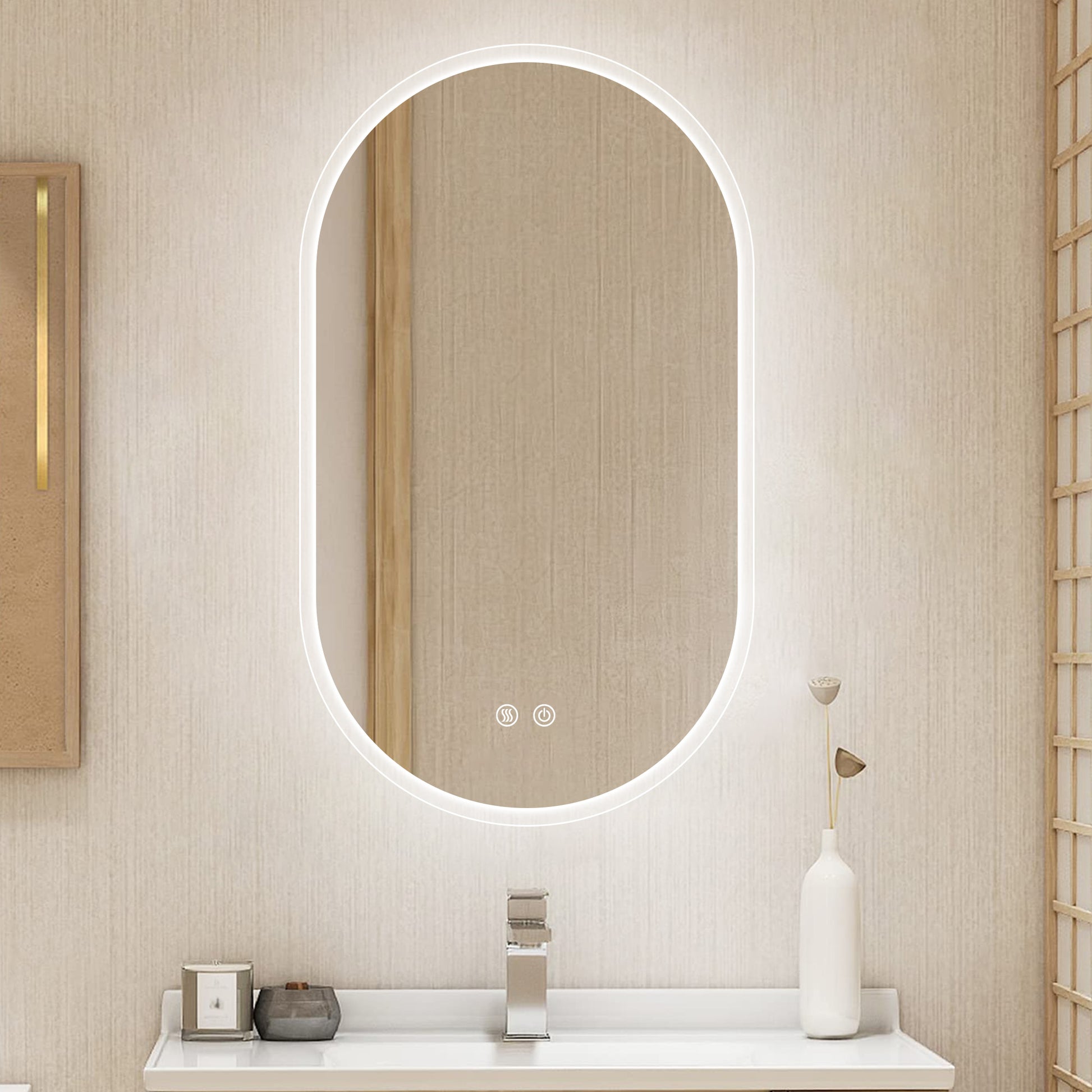 32X20 Inch Bathroom Mirror With Lights, Anti Fog Dimmable Led Mirror For Wall Touch Control, Frameless Oval Smart Vanity Mirror Vertical Hanging Natural Modern Glass