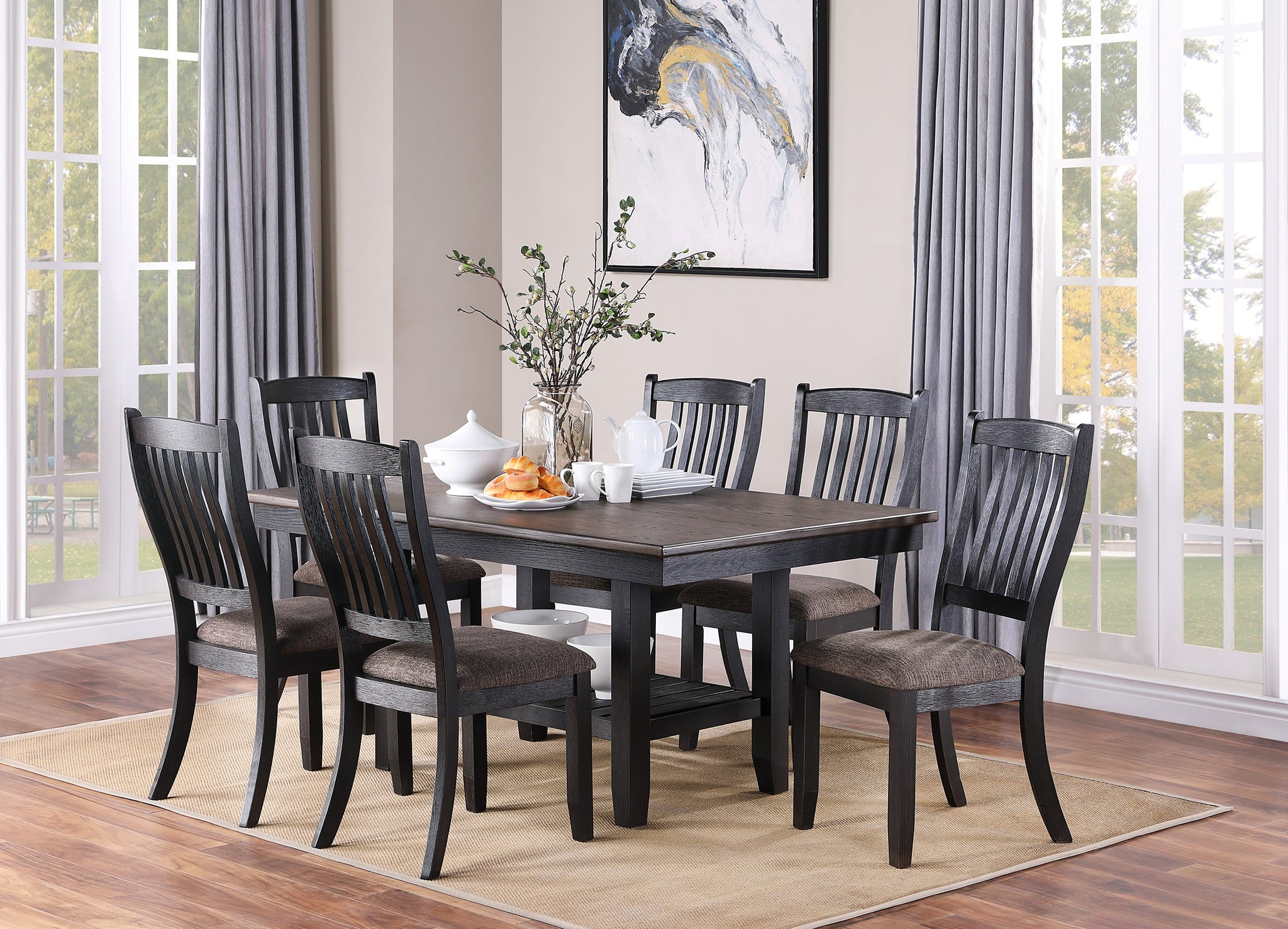 Transitional Dining Room 7Pc Set Dark Coffee Rubberwood Dining Table W Shelf And 6X Side Chairs Fabric Upholstered Seats Unique Back Chairs Gray Wood Dining Room Solid Wood Rubberwood Rectangular