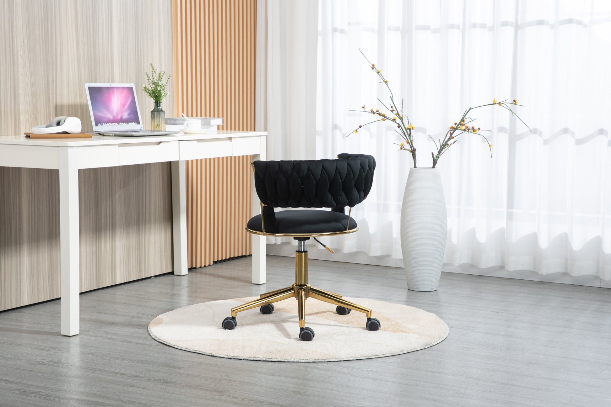 Coolmore Home Office Desk Chair, Vanity Chair, Modern Adjustable Home Computer Executive Chair Swivel Task Chair For Small Space, Living Room, Make Up, Studying Black Polyester