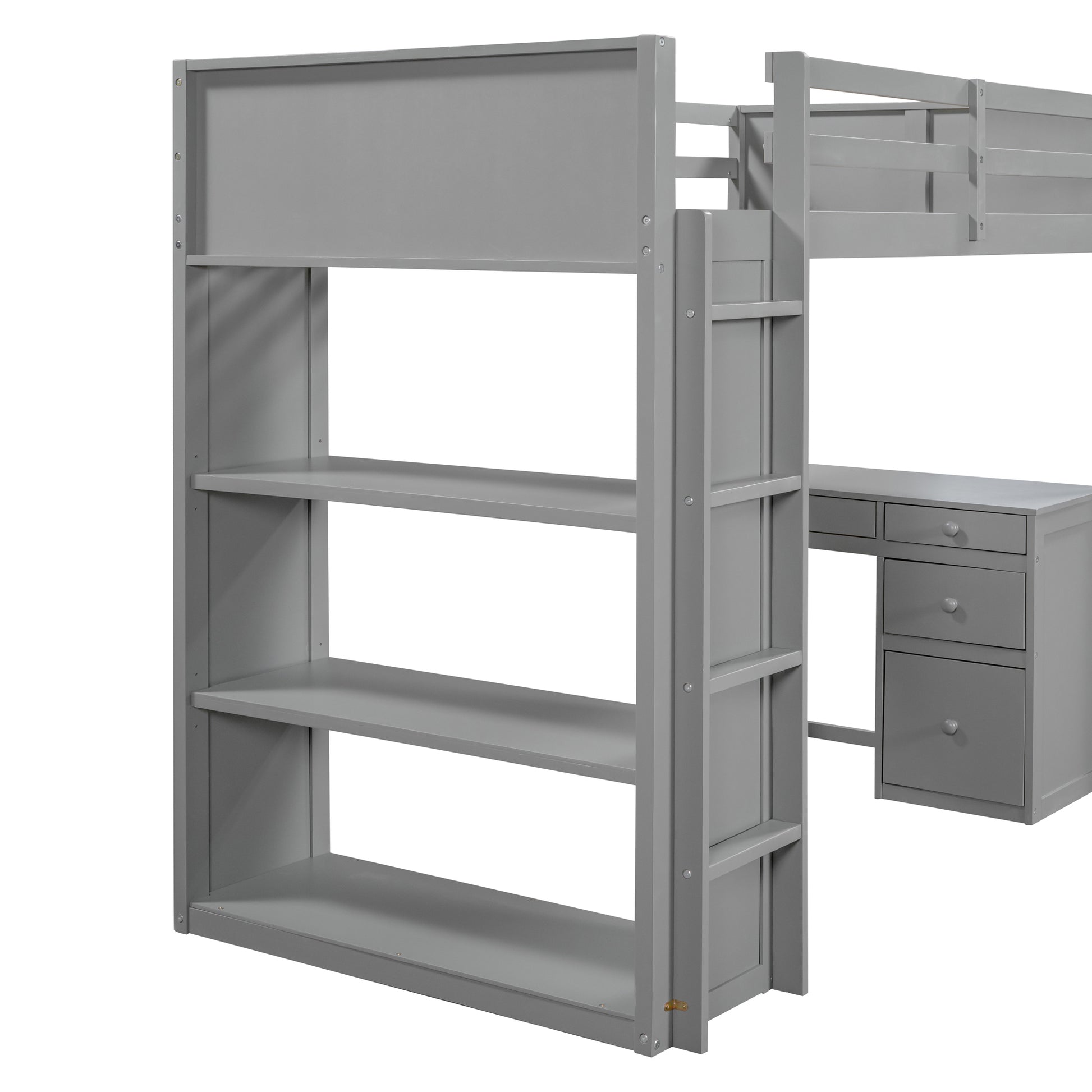 Twin Size Loft Bed With Ladder, Shelves, And Desk, Gray Gray Solid Wood Mdf