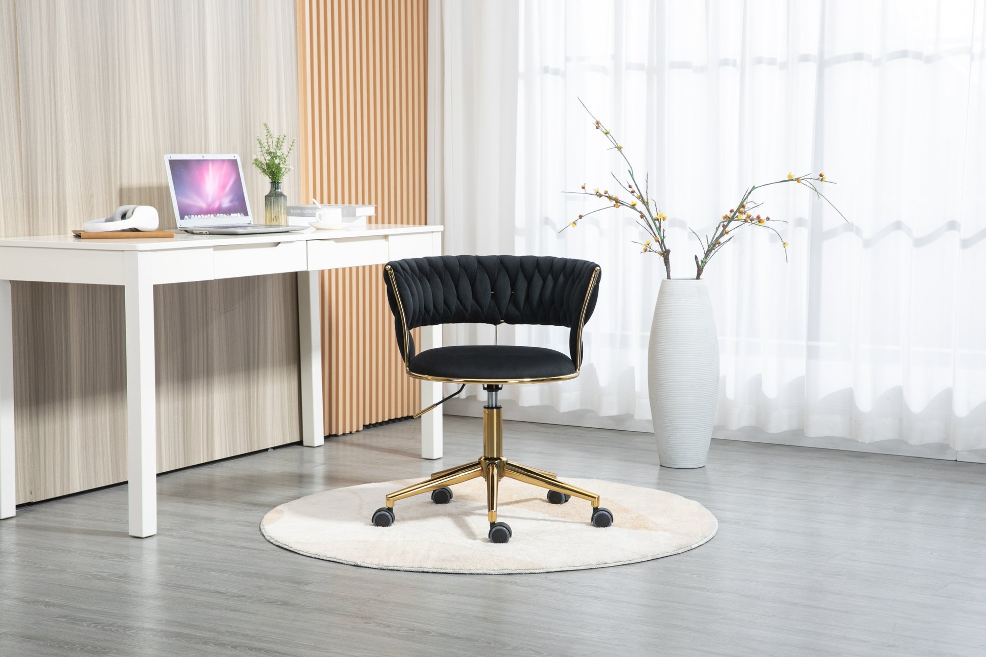 Coolmore Home Office Desk Chair, Vanity Chair, Modern Adjustable Home Computer Executive Chair Swivel Task Chair For Small Space, Living Room, Make Up, Studying Black Polyester