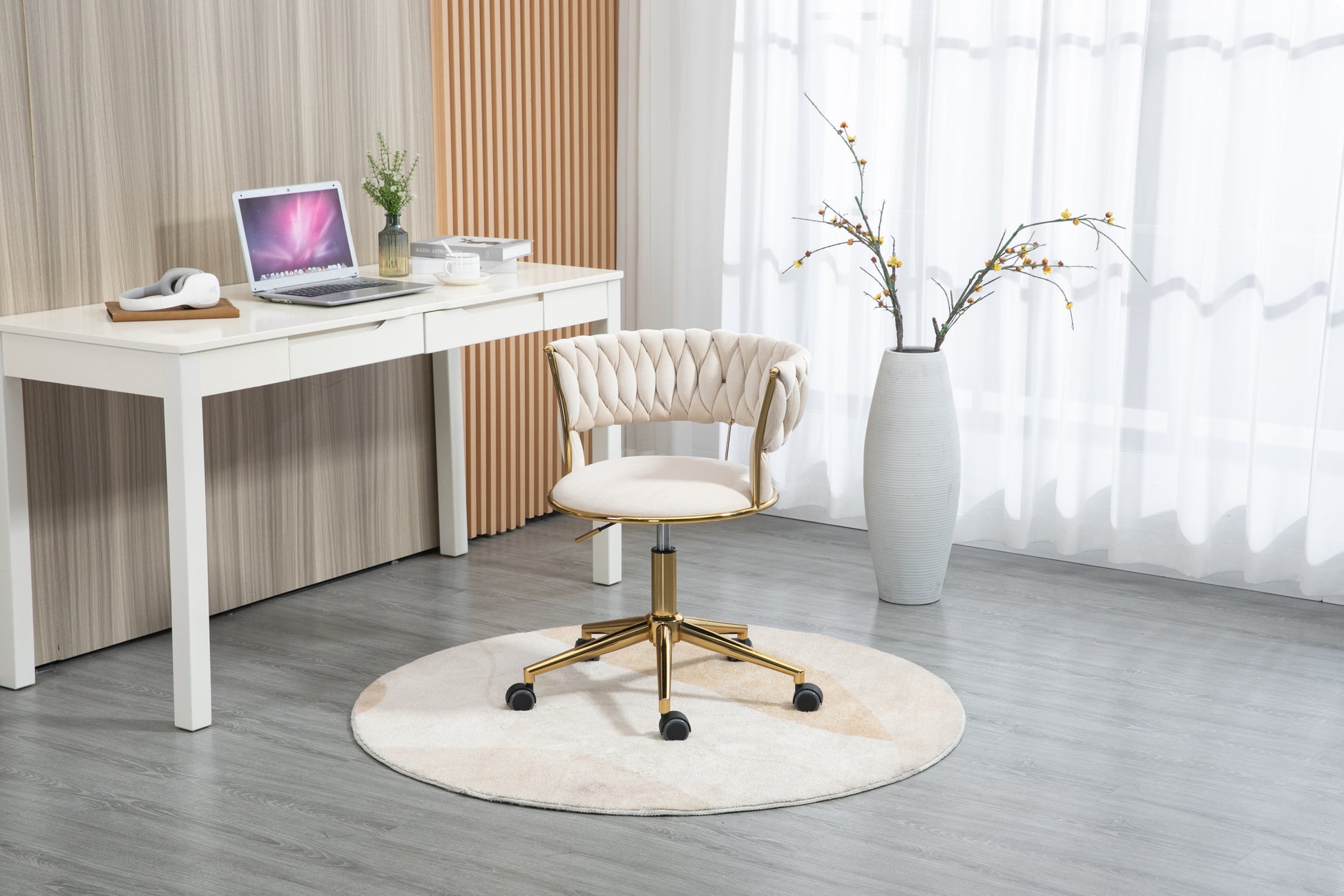 Coolmore Home Office Desk Chair, Vanity Chair, Modern Adjustable Home Computer Executive Chair Swivel Task Chair For Small Space, Living Room, Make Up, Studying Ivory Polyester