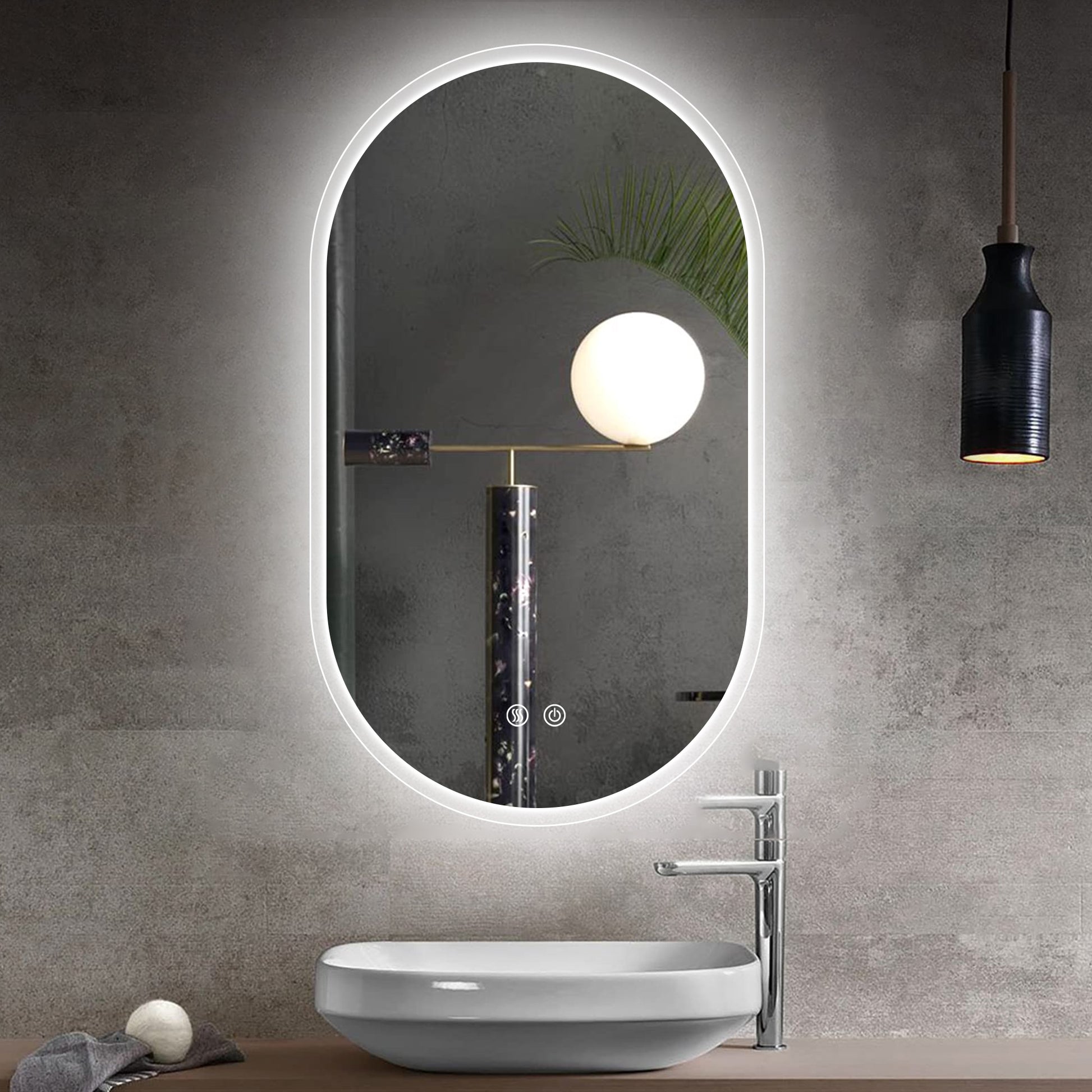 40X24 Inch Bathroom Mirror With Lights, Anti Fog Dimmable Led Mirror For Wall Touch Control, Frameless Oval Smart Vanity Mirror Vertical Hanging Natural Modern Glass