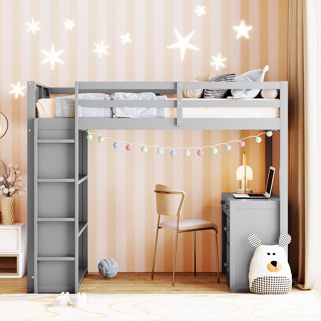 Twin Size Loft Bed With Ladder, Shelves, And Desk, Gray Gray Solid Wood Mdf