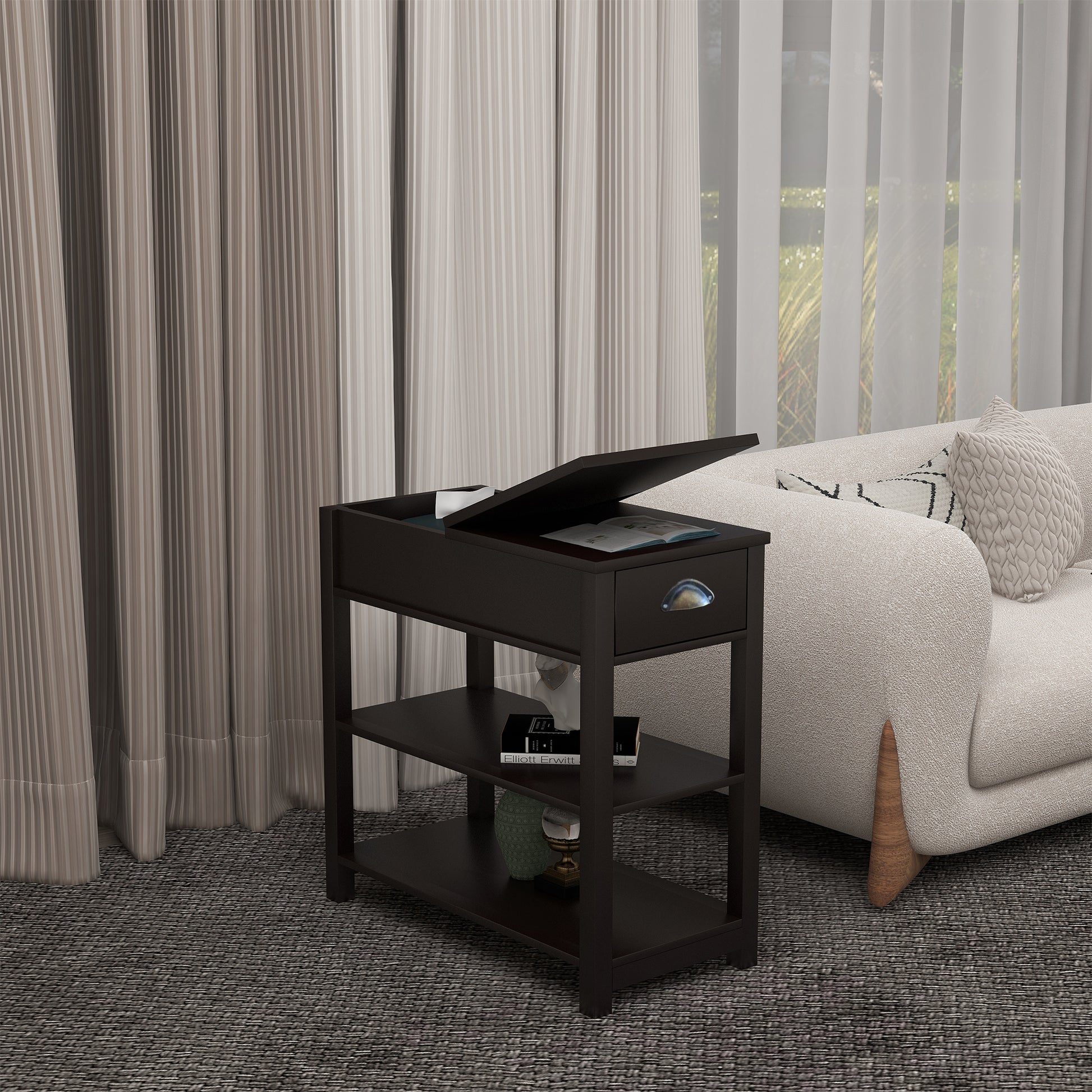 Narrow Sided Table With Drawers And Bottom Partition In Flip Over Design Brown Brown Mdf