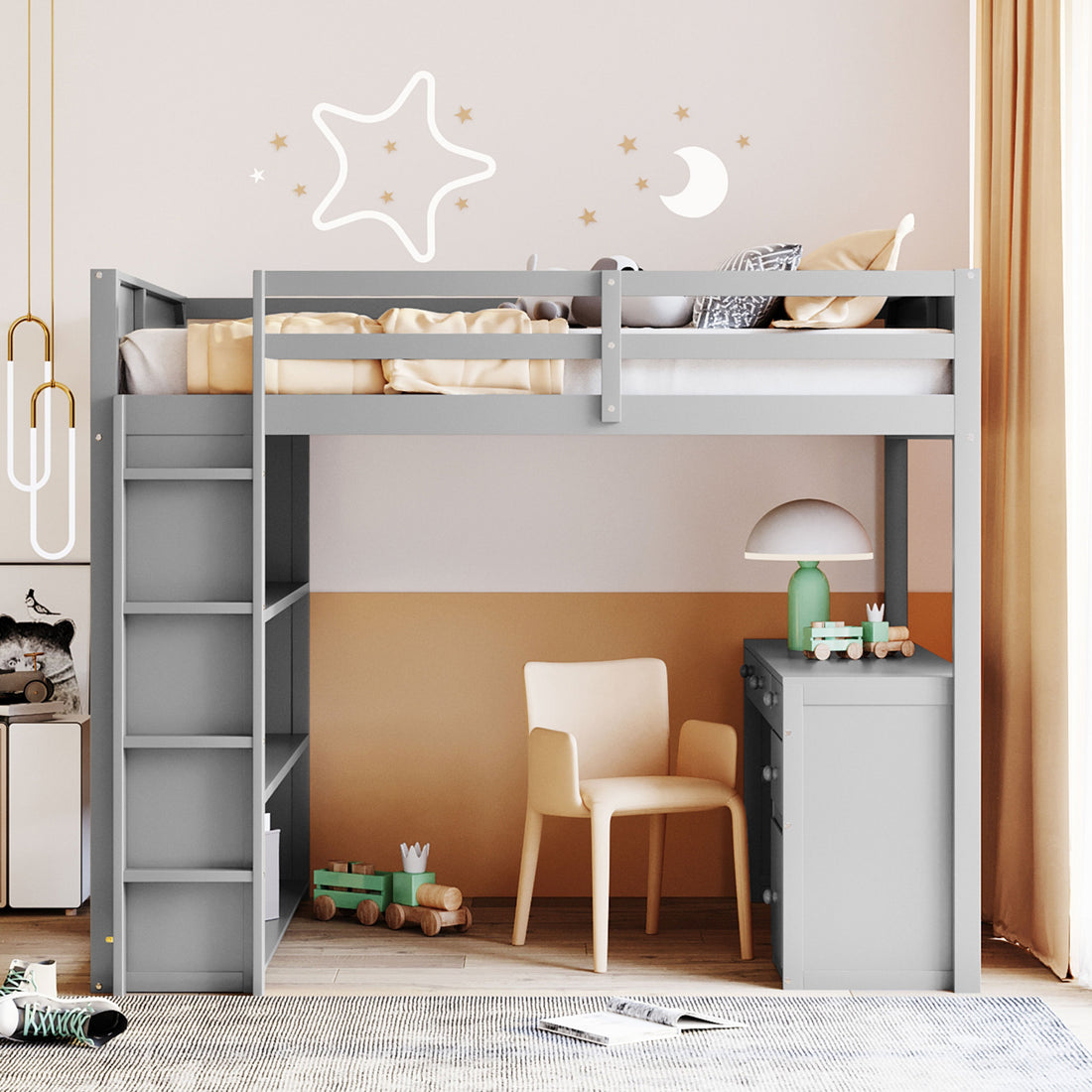 Full Size Loft Bed With Ladder, Shelves, And Desk, Gray Gray Solid Wood Mdf