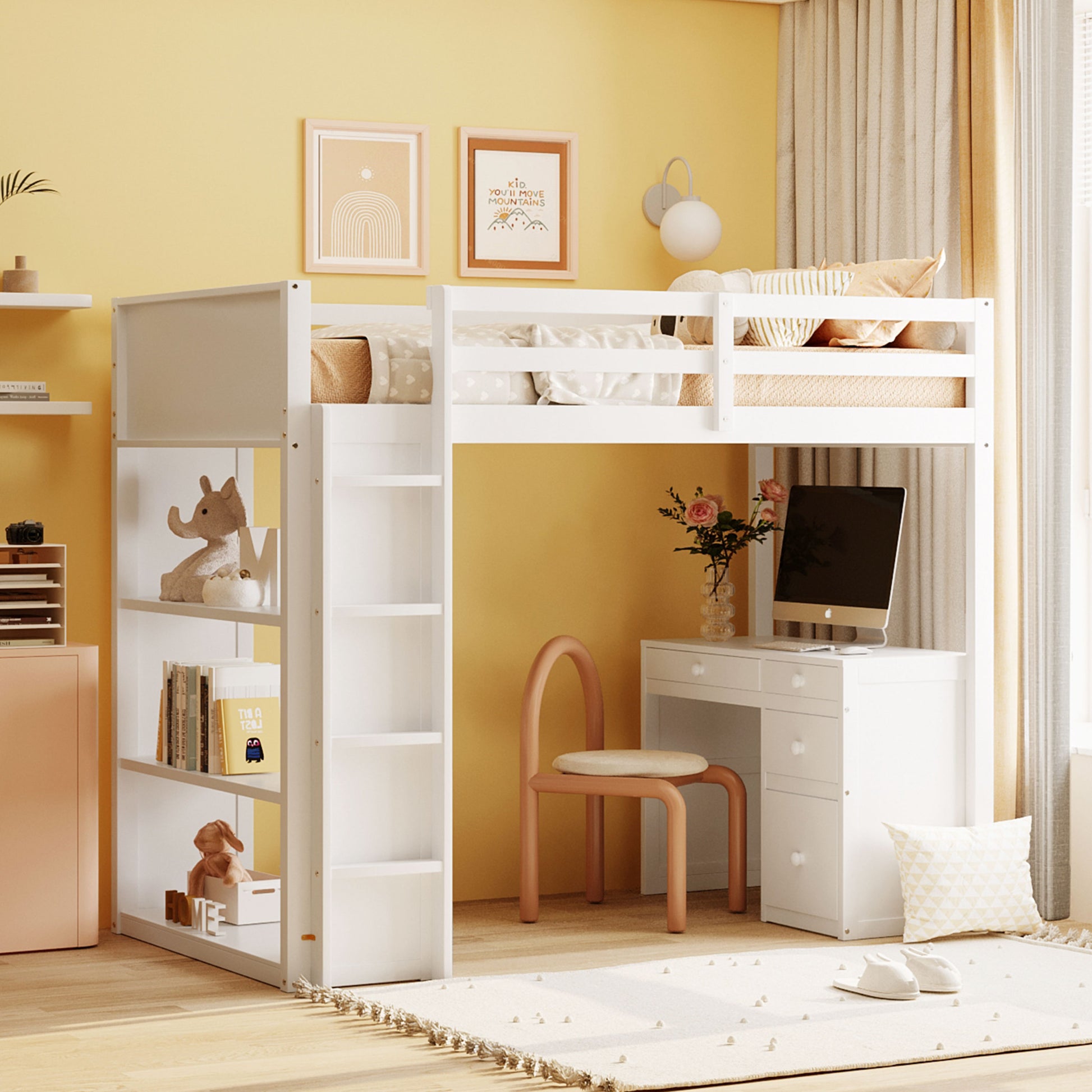 Twin Size Loft Bed With Ladder, Shelves, And Desk, White Gray Solid Wood Mdf