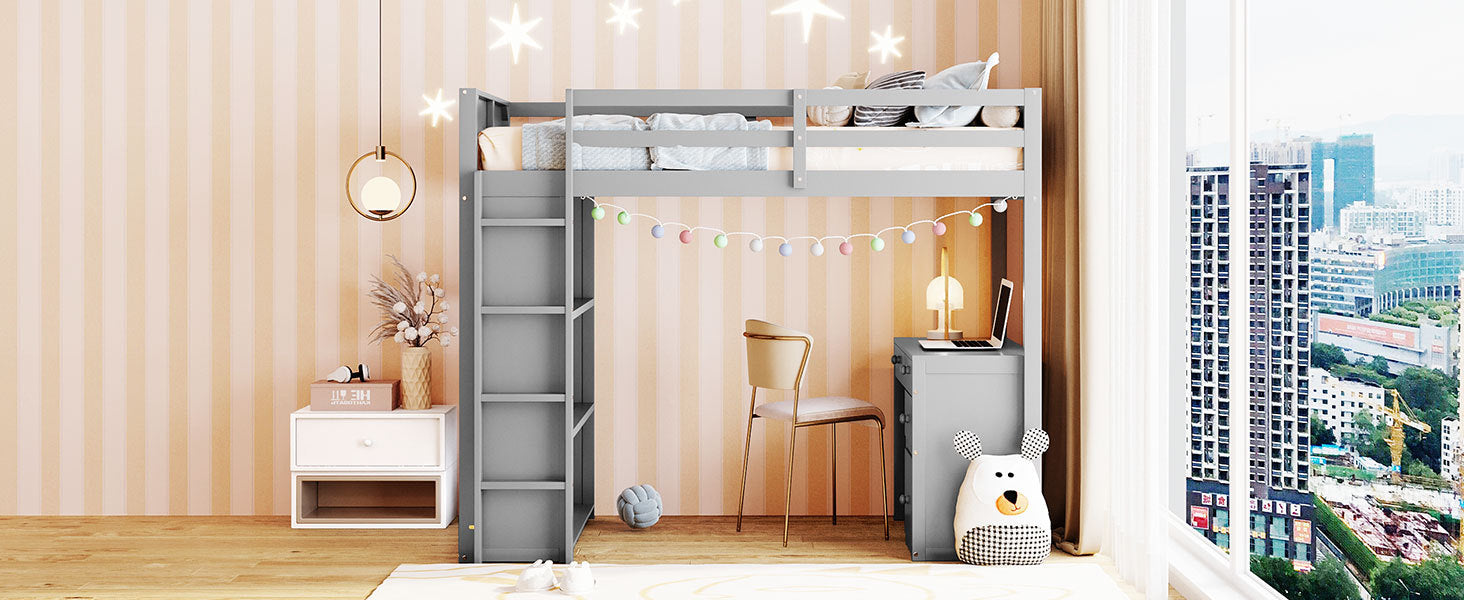 Twin Size Loft Bed With Ladder, Shelves, And Desk, Gray Gray Solid Wood Mdf