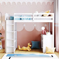 Full Size Loft Bed With Ladder, Shelves, And Desk, White White Solid Wood Mdf