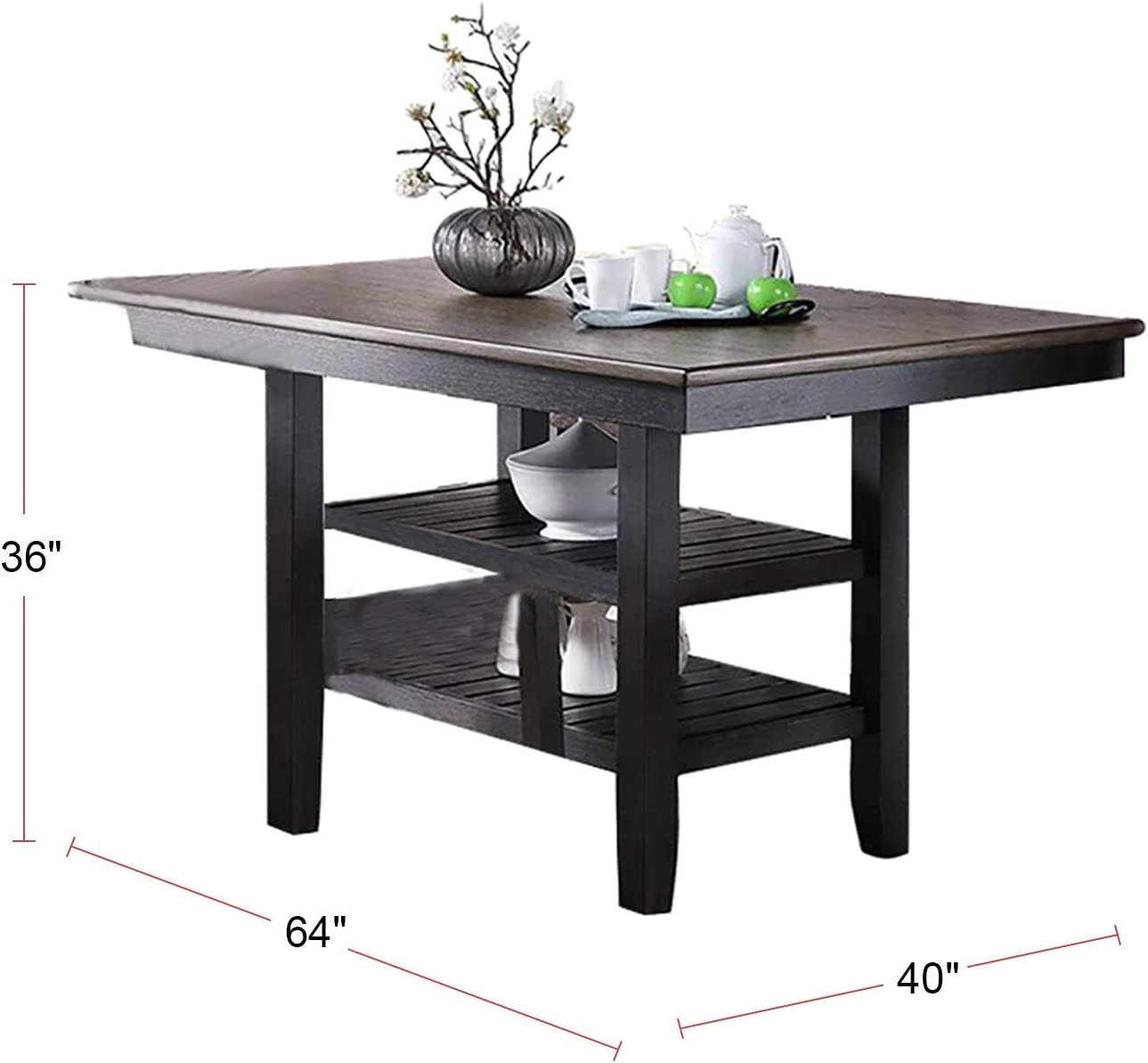 1Pc Cunter Height Dining Table Dark Coffee Finish Kitchen Breakfast Dining Room Furniture Table W 2X Storage Shelve Rubber Wood Coffee Gray Dining Room Contemporary,Modern Rubberwood Kitchen & Dining Tables Solid Wood