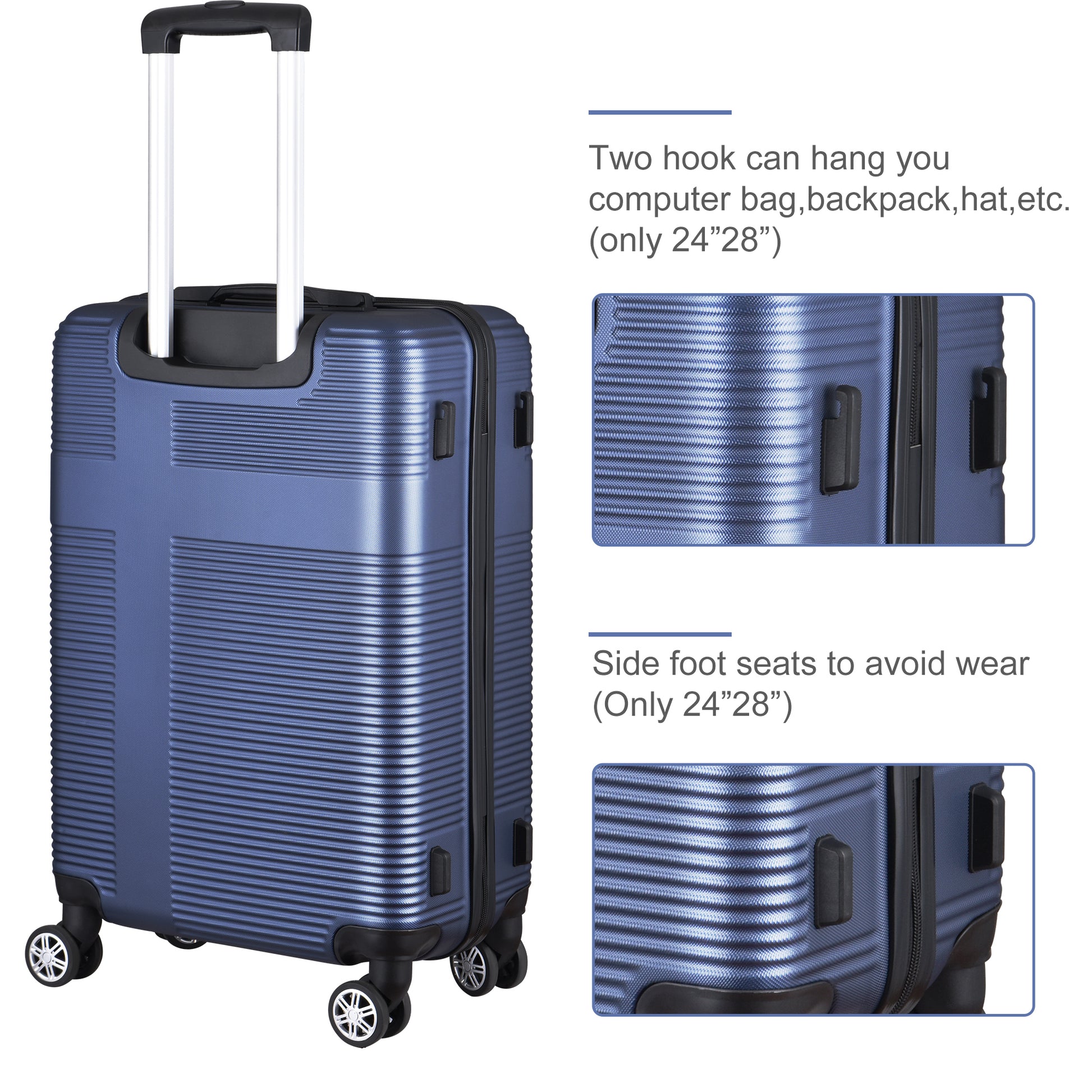 3 Piece Luggage With Tsa Lock Abs, Durable Luggage Set, Lightweight Suitcase With Hooks, Spinner Wheels Cross Stripe Luggage Sets 20In 24In 28In Dark Blue Abs