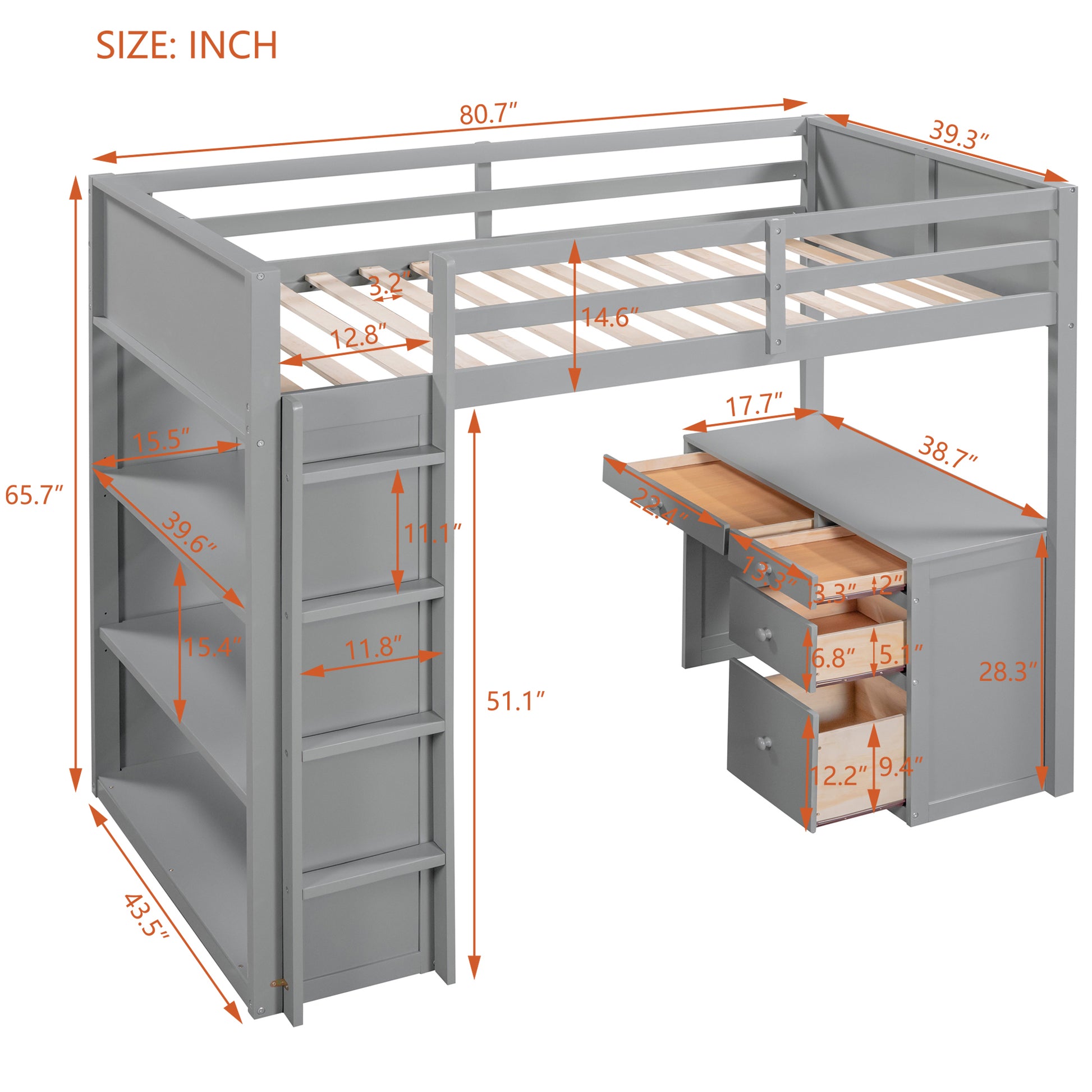 Twin Size Loft Bed With Ladder, Shelves, And Desk, Gray Gray Solid Wood Mdf