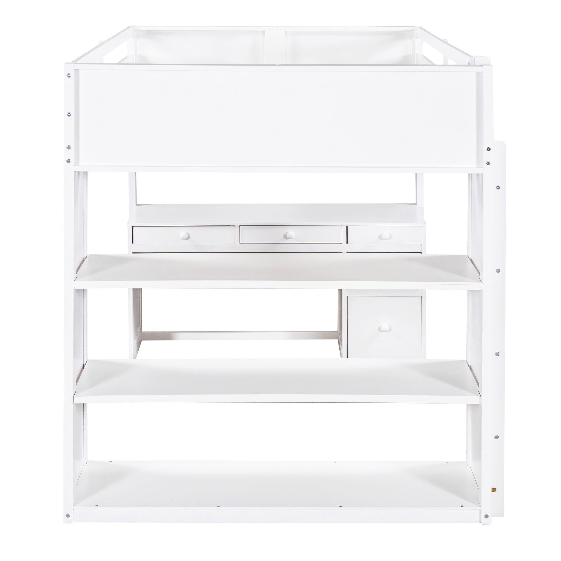 Full Size Loft Bed With Ladder, Shelves, And Desk, White White Solid Wood Mdf