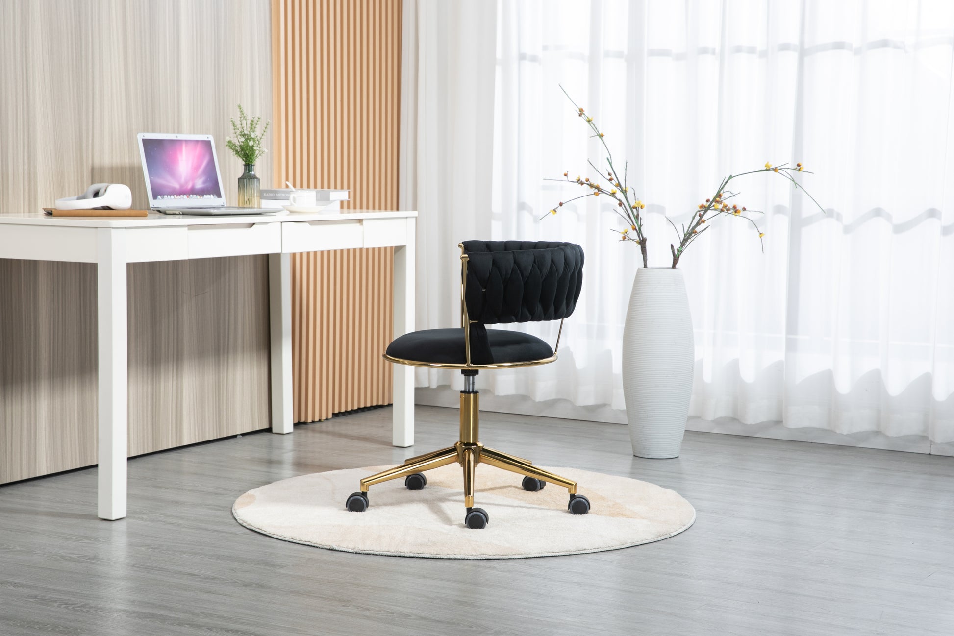 Coolmore Home Office Desk Chair, Vanity Chair, Modern Adjustable Home Computer Executive Chair Swivel Task Chair For Small Space, Living Room, Make Up, Studying Black Polyester