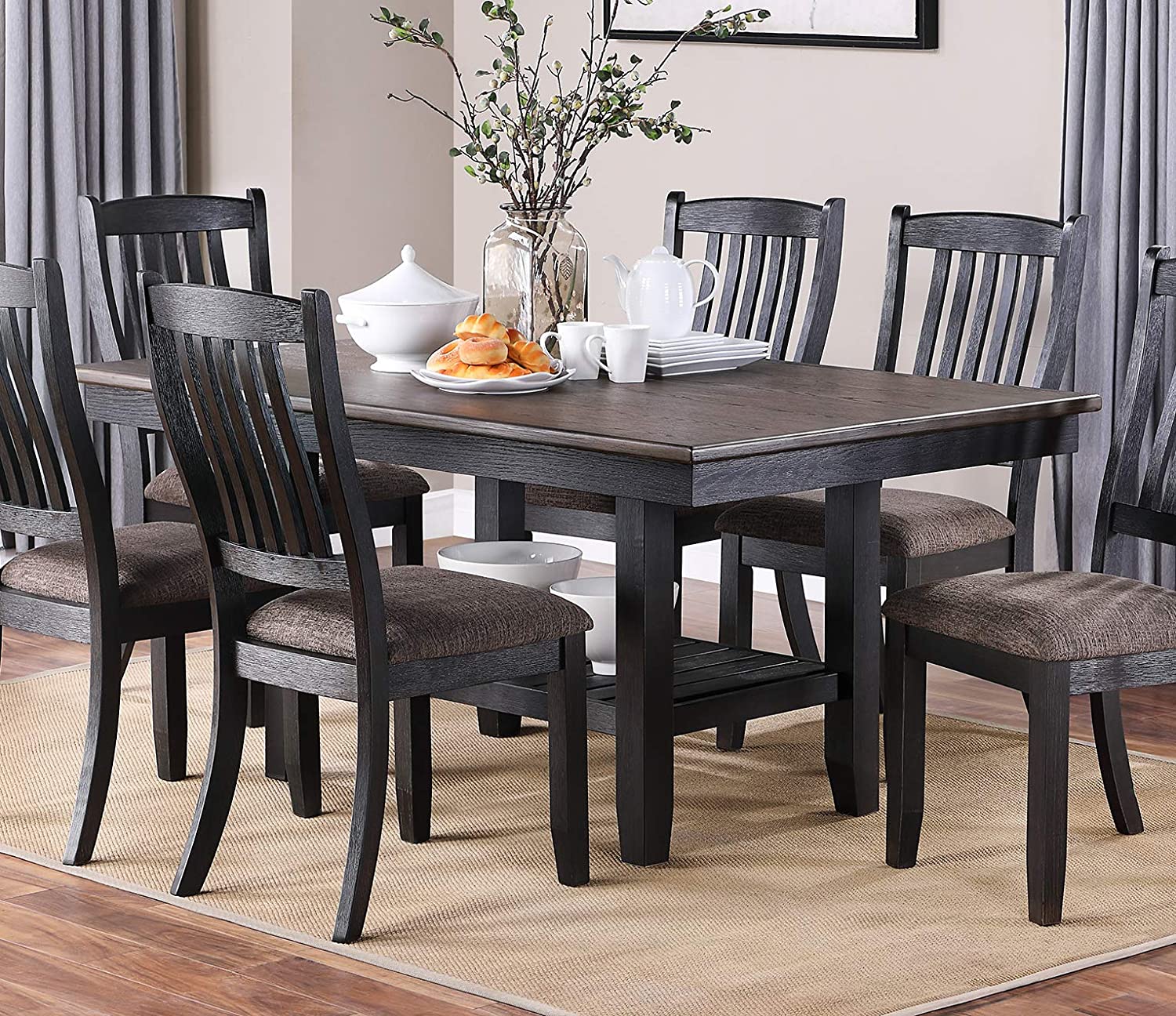 Transitional Dining Room 7Pc Set Dark Coffee Rubberwood Dining Table W Shelf And 6X Side Chairs Fabric Upholstered Seats Unique Back Chairs Gray Wood Dining Room Solid Wood Rubberwood Rectangular