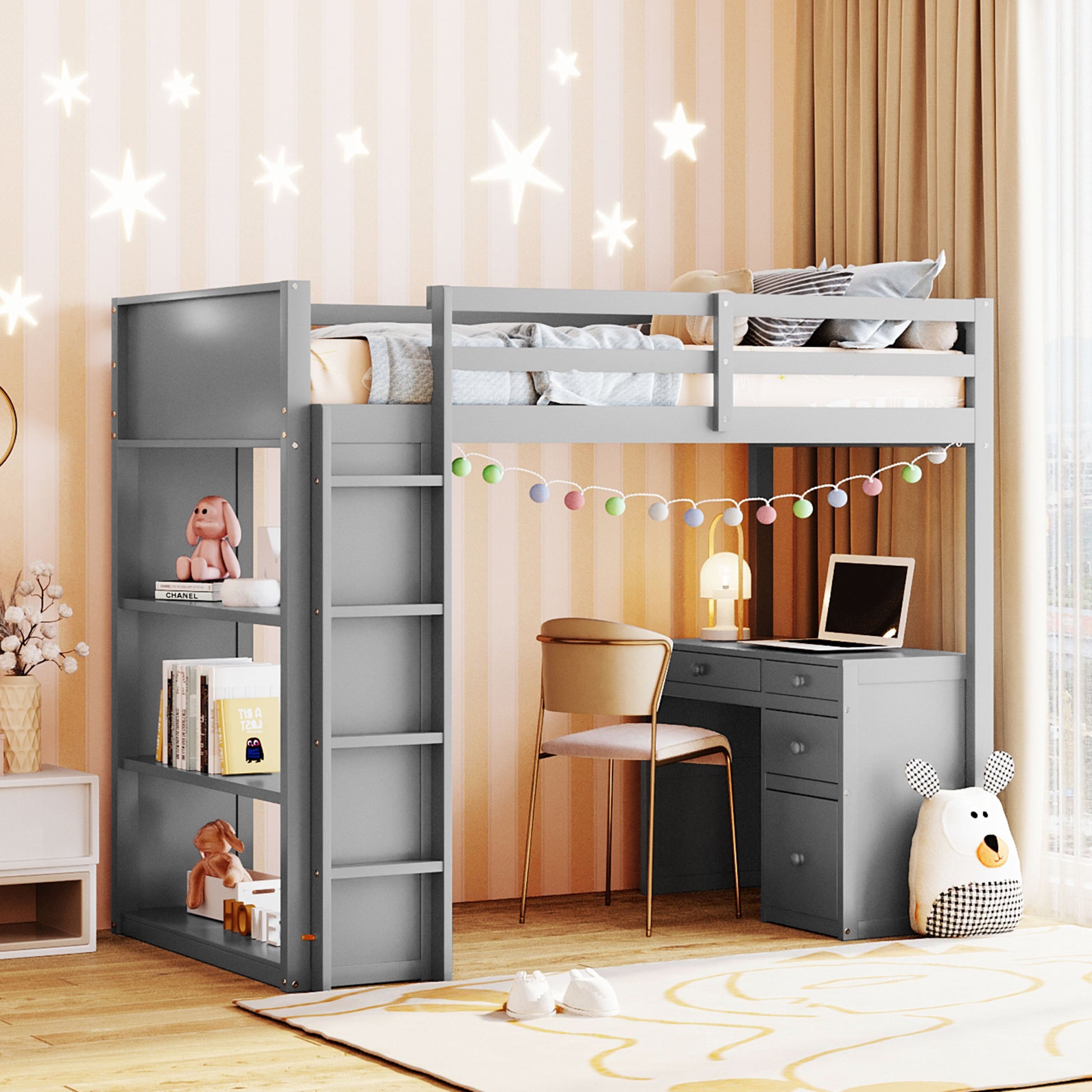 Twin Size Loft Bed With Ladder, Shelves, And Desk, Gray Gray Solid Wood Mdf