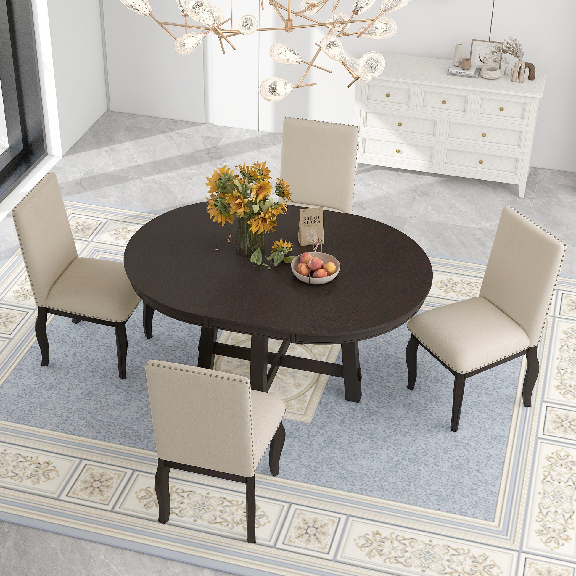 5 Piece Farmhouse Dining Table Set Wood Round Extendable Dining Table And 4 Upholstered Dining Chairs Espresso Espresso Solid Wood