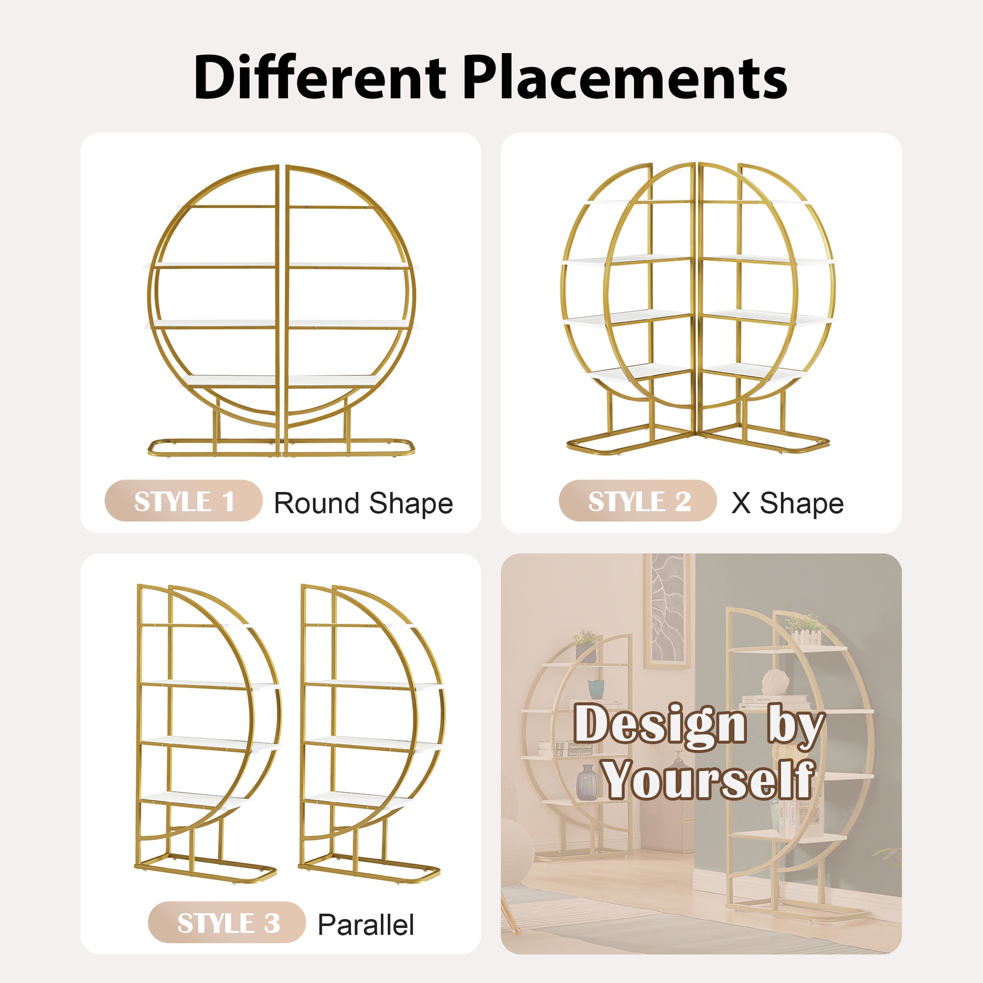 4 Tiers Home Office Open Bookshelf, Round Shape, Different Placement Ways, Mdf Board, Gold Metal Frame, White Golden White Mdf Steel