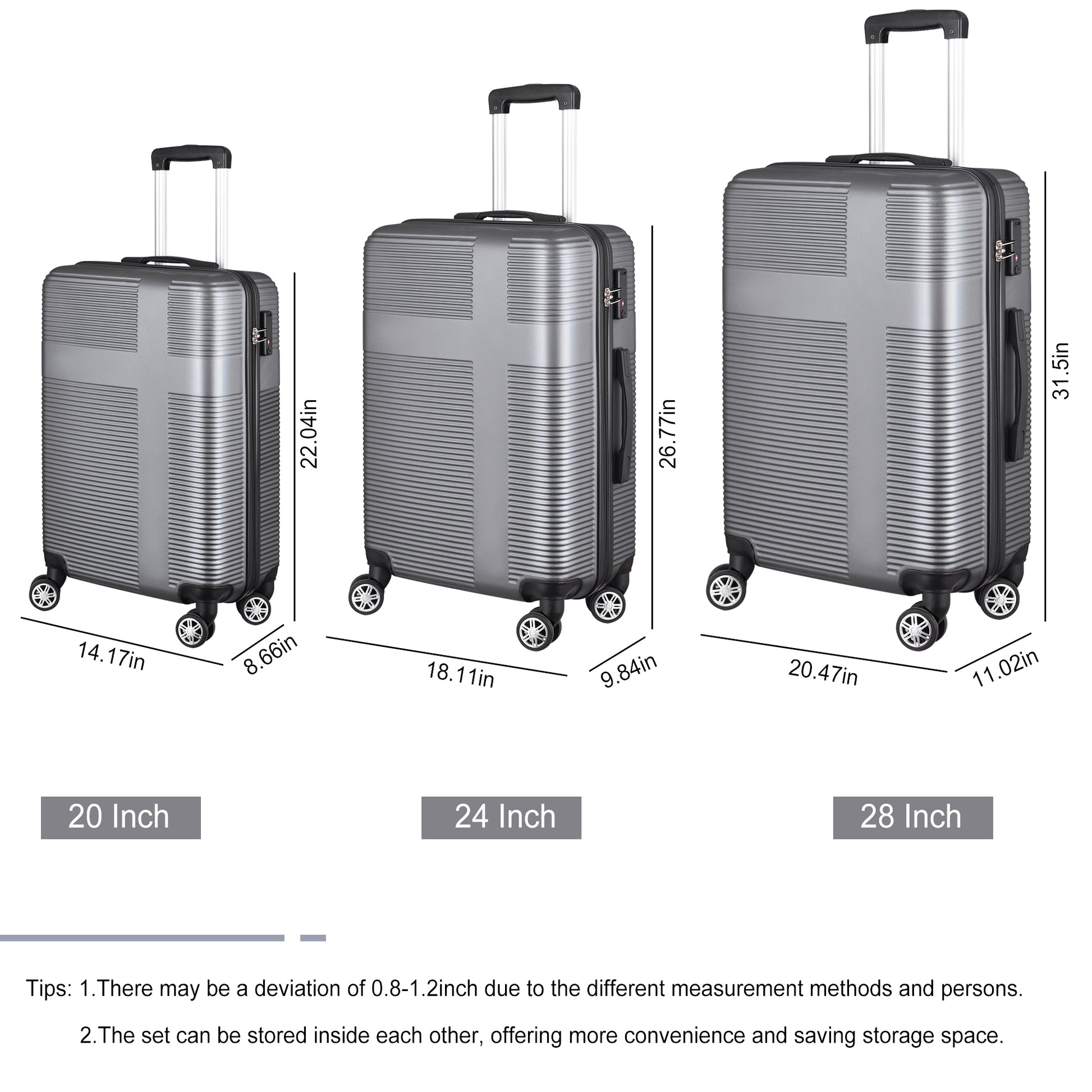 3 Piece Luggage With Tsa Lock Abs, Durable Luggage Set, Lightweight Suitcase With Hooks, Spinner Wheels Cross Stripe Luggage Sets 20In 24In 28In Silver Grey Abs