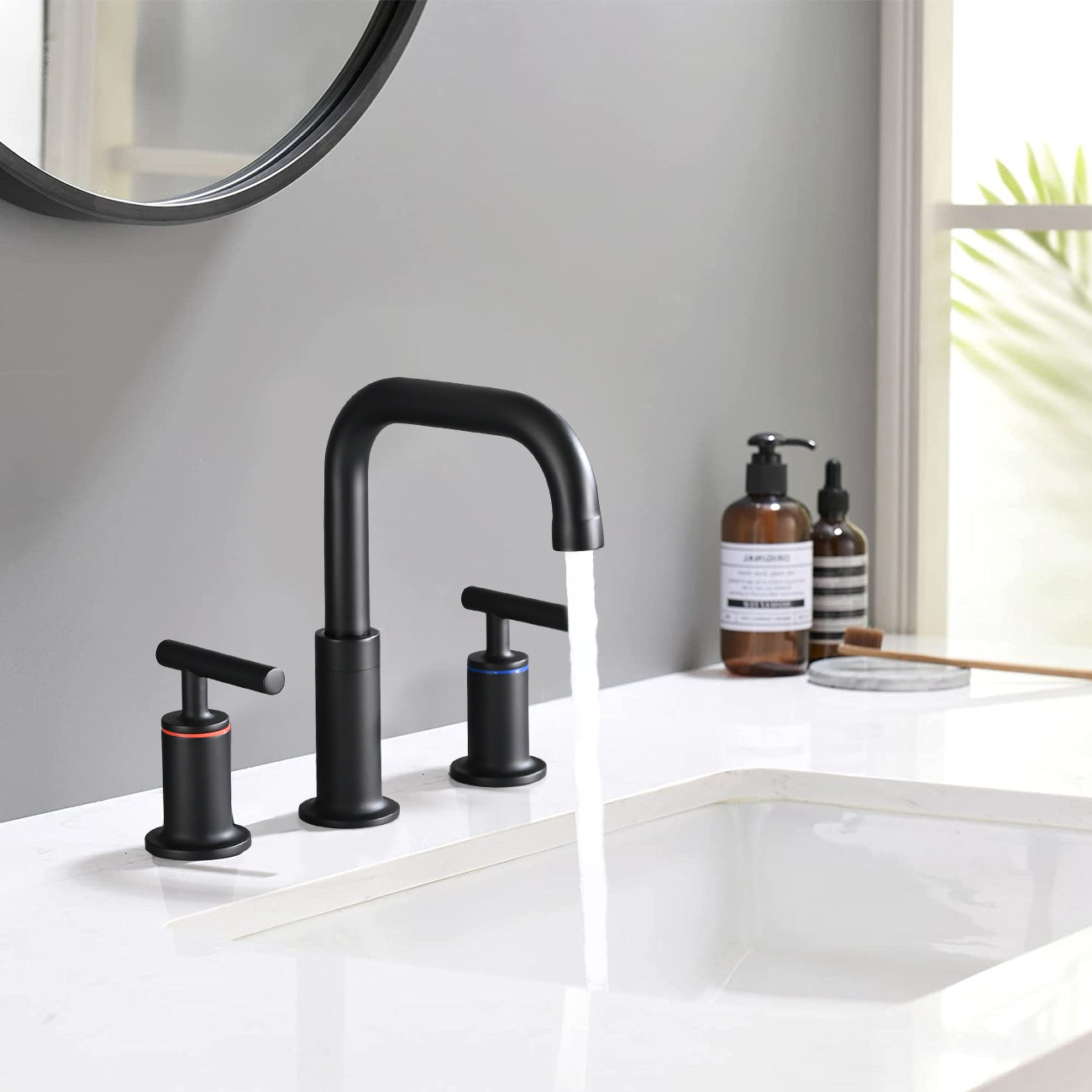 8 Inch Widespread Bathroom Sink Faucet With Pop Up Drain Matte Black Brass