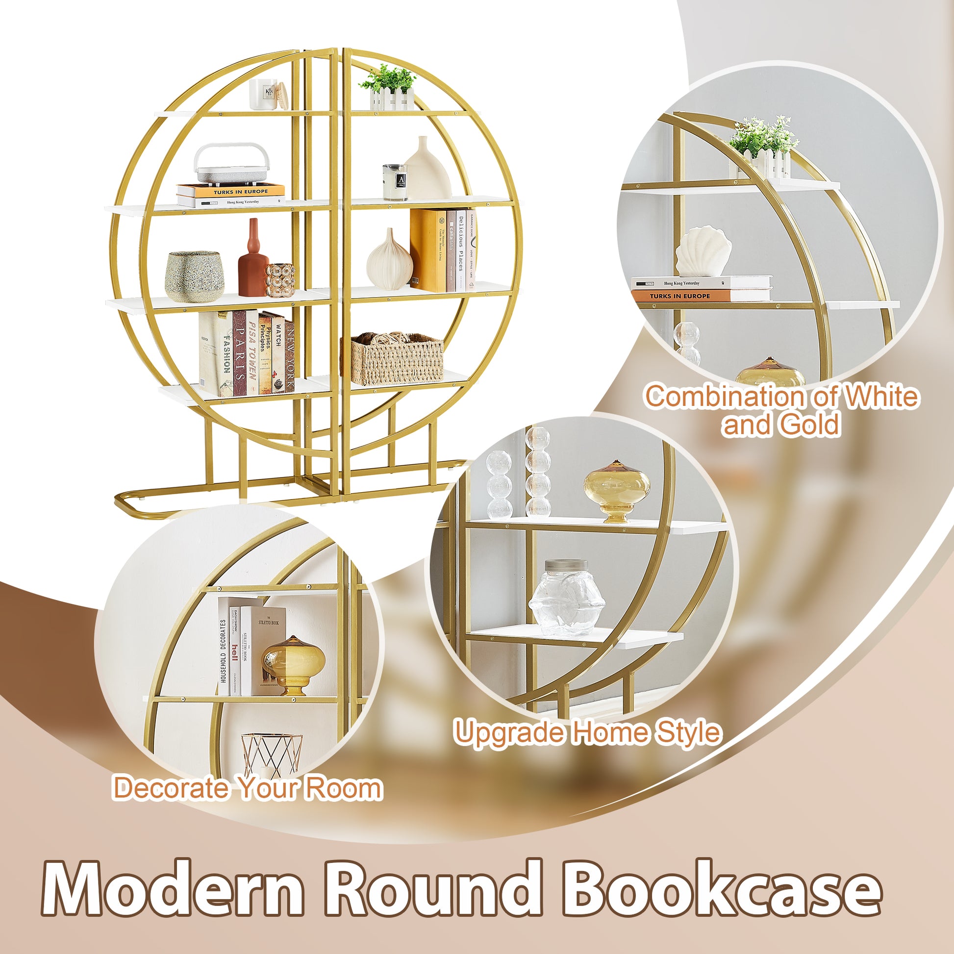 4 Tiers Home Office Open Bookshelf, Round Shape, Different Placement Ways, Mdf Board, Gold Metal Frame, White Golden White Mdf Steel