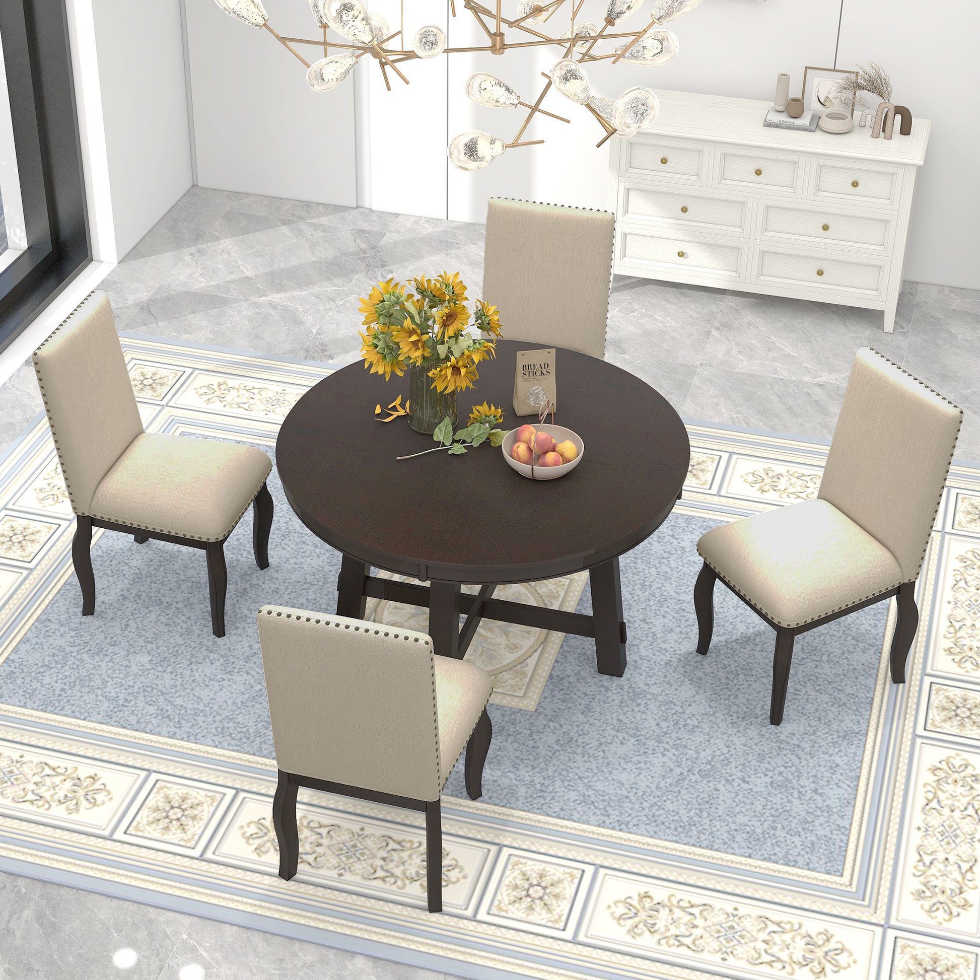 5 Piece Farmhouse Dining Table Set Wood Round Extendable Dining Table And 4 Upholstered Dining Chairs Espresso Espresso Solid Wood