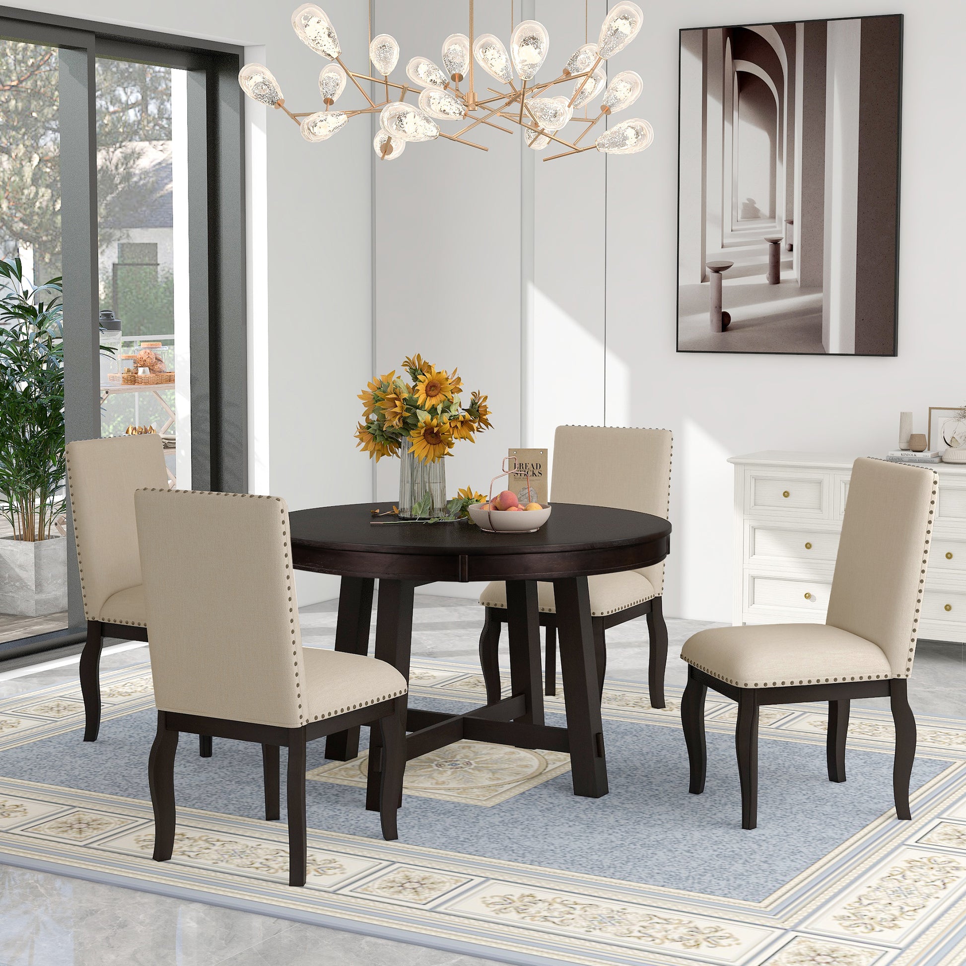 5 Piece Farmhouse Dining Table Set Wood Round Extendable Dining Table And 4 Upholstered Dining Chairs Espresso Espresso Solid Wood