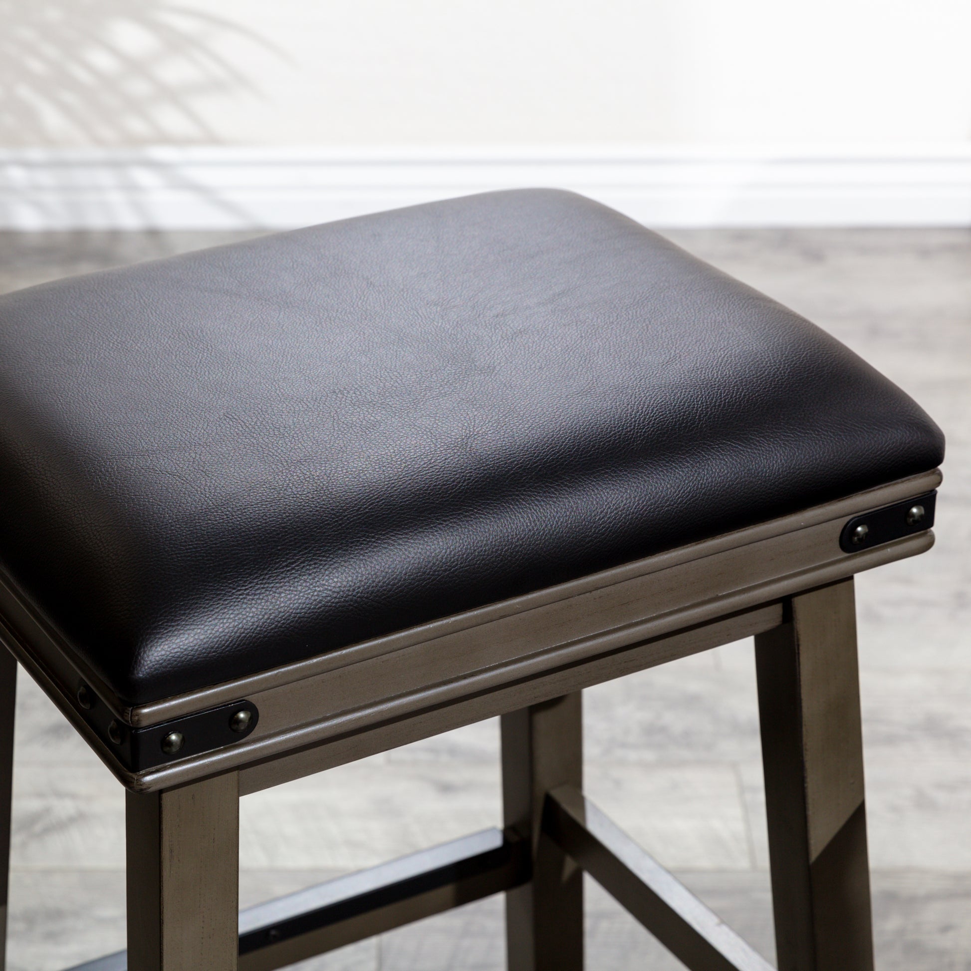 24" Counter Stool, Antique White Finish, Black Leather Seat Antique White Bonded Leather