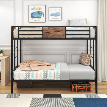 Twin Over Twin Size Metal Bunk Bed Black Box Spring Not Required Twin Black Metal Brown Bedroom Bed Frame Mdf Steel