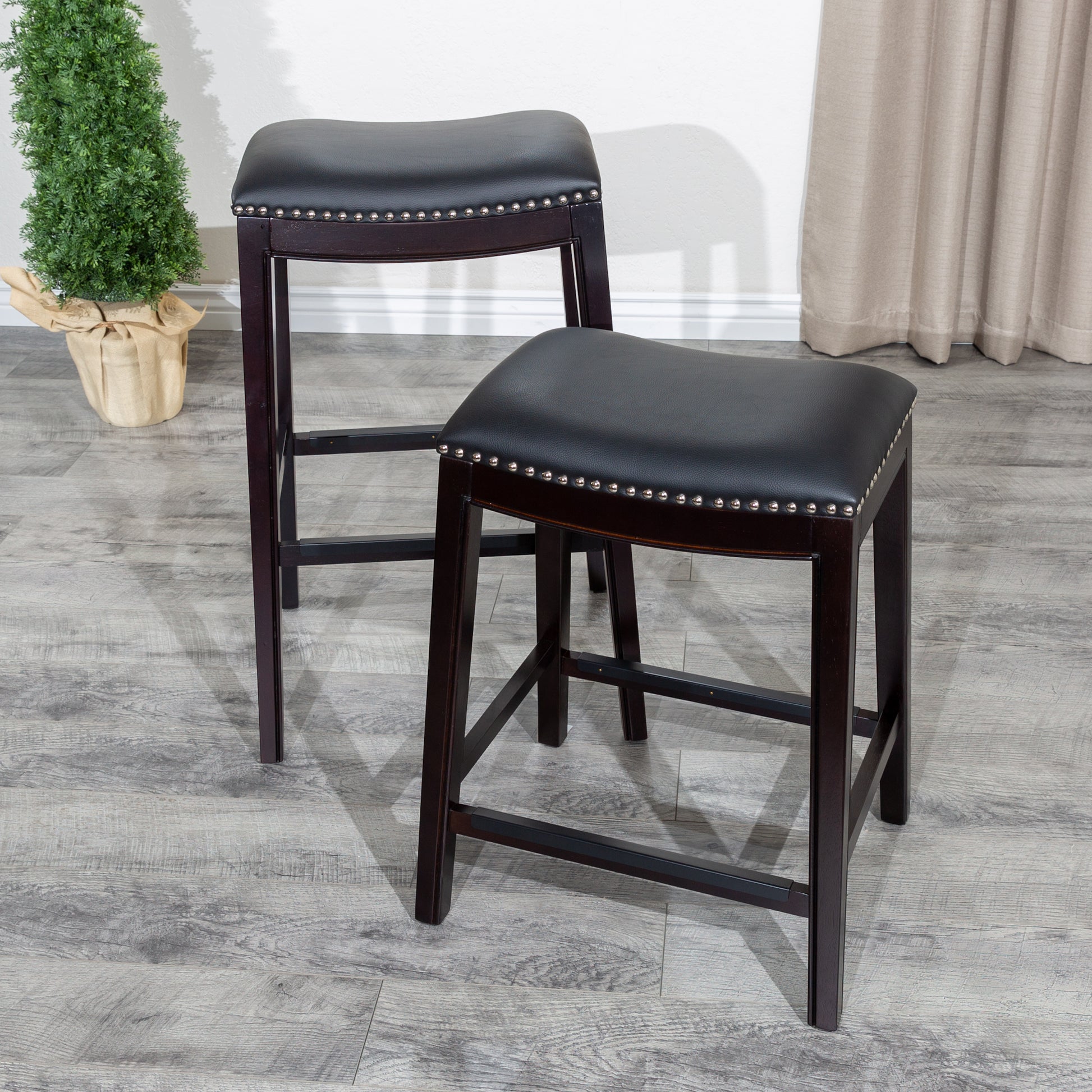 24" Counter Stool, Espresso Finish, Black Leather Seat Espresso Bonded Leather