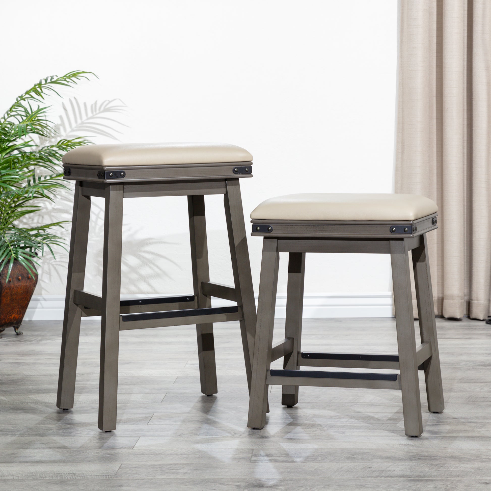 24" Counter Stool, Weathered Gray Finish, French Gray Leather Seat Gray Bonded Leather