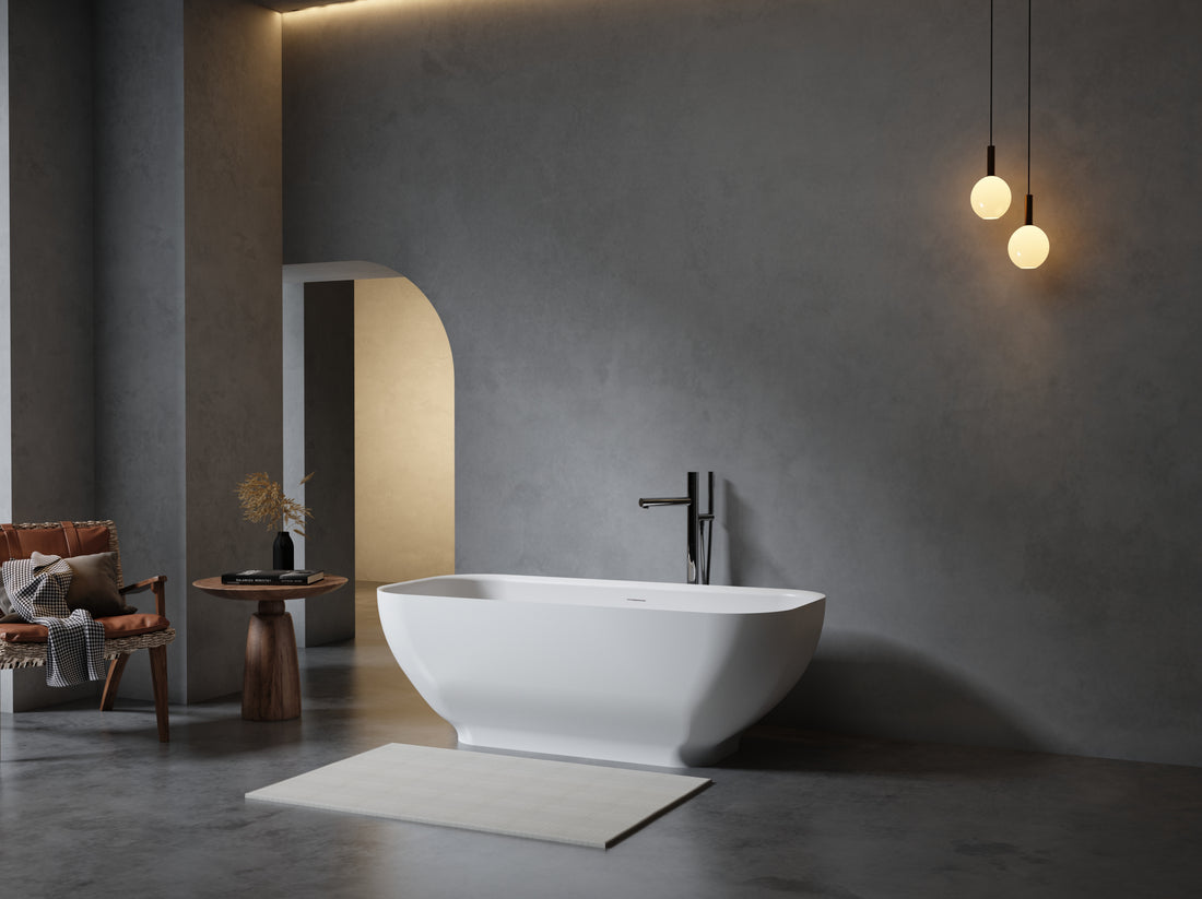 67" Freestanding Solid Surface Bathtub, Luxury Engineered Stone Resin Freestanding Soaking Bathtub With Overflow And Pop Up Drain For Contemporary Bathroom, Matte White 22S04 67 2 White Solid Surface
