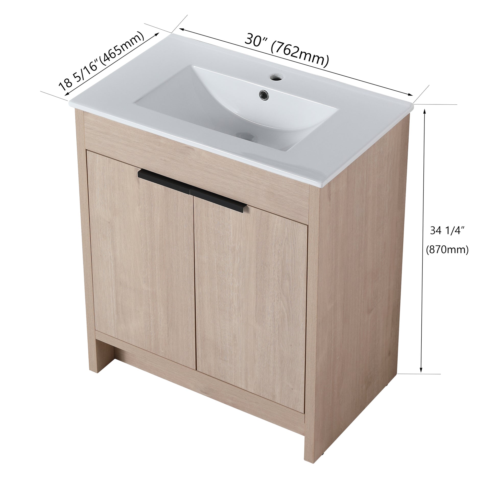 30 Inch Freestanding Bathroom Vanity With White Ceramic Sink & 2 Soft Close Cabinet Doors Bvb02430Plo Bl9075B W999S00063 Plain Light Oak 2 Bathroom Freestanding Modern Plywood