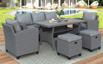 6 Piece Outdoor Rattan Wicker Set Patio Garden Backyard Sofa, Chair, Stools And Table Gray Rattan Gray Cushion Yes Complete Patio Set Grey Weather Resistant Frame Garden & Outdoor Casual Complete Patio Sets Foam Rattan