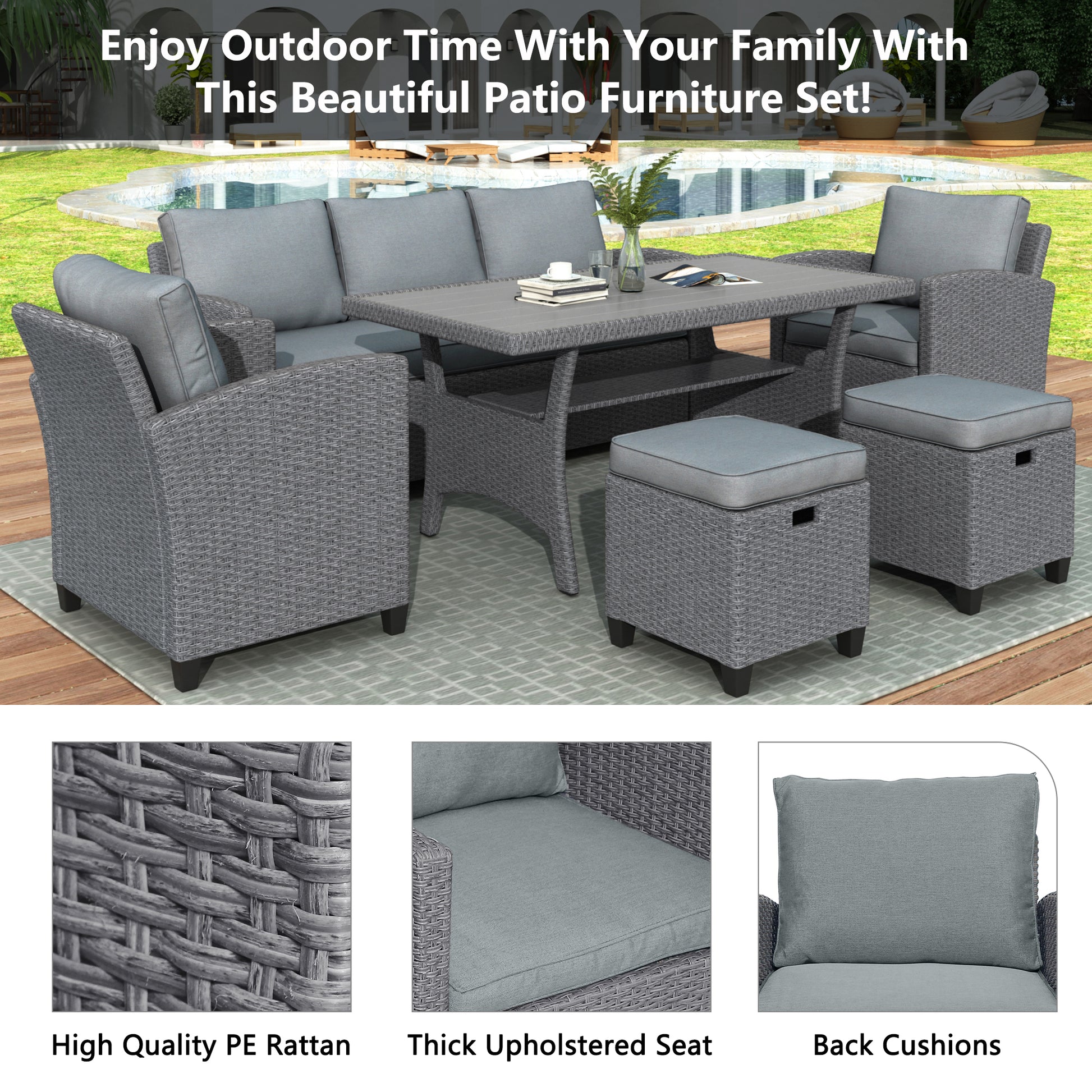 6 Piece Outdoor Rattan Wicker Set Patio Garden Backyard Sofa, Chair, Stools And Table Gray Rattan Gray Cushion Yes Complete Patio Set Grey Weather Resistant Frame Bedroom Casual Complete Patio Sets Foam Rattan