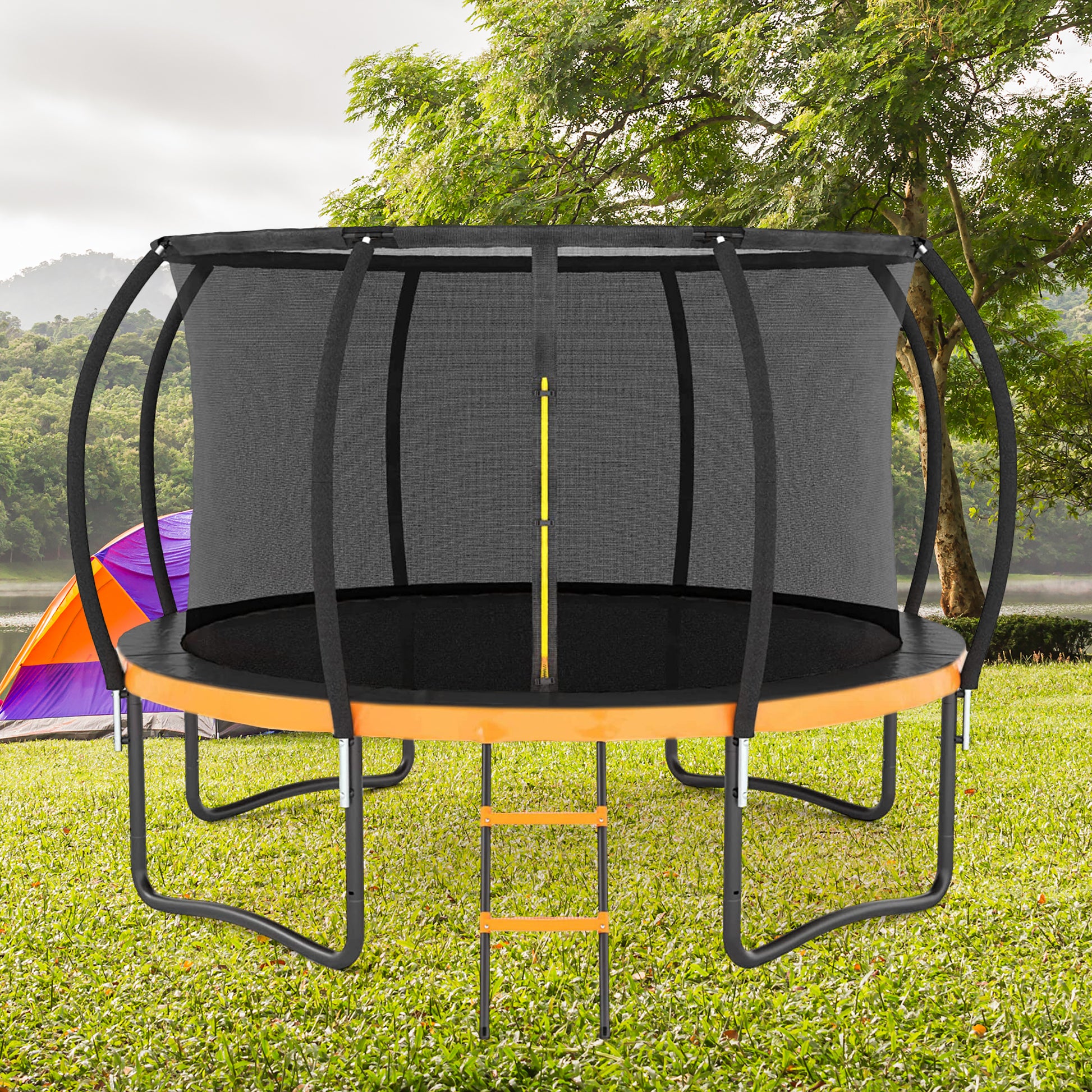 12Ft Outdoor Big Trampoline With Inner Safety Enclosure Net, Ladder, Pvc Spring Cover Padding, For Kids, Black&Orange Color Orange Metal