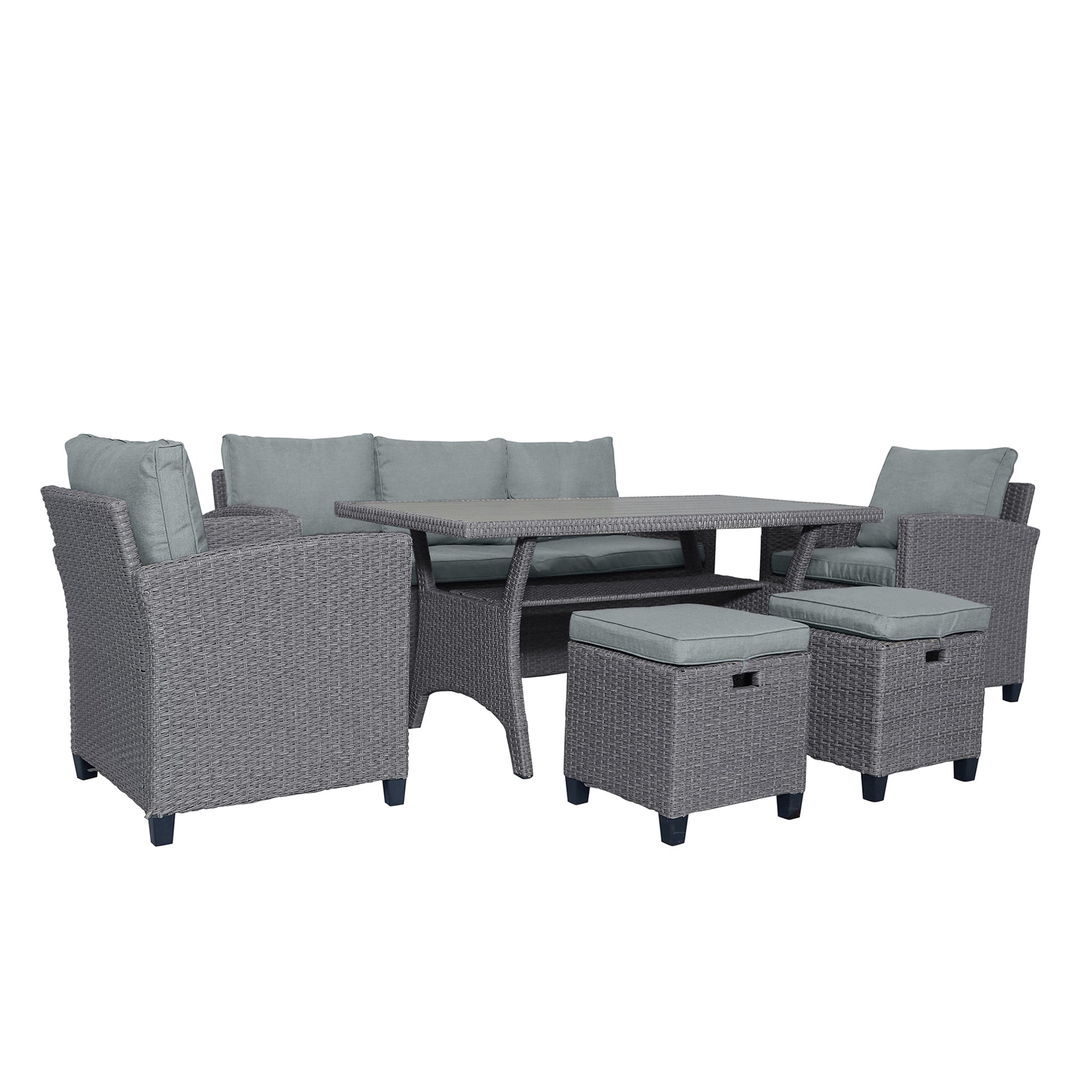 6 Piece Outdoor Rattan Wicker Set Patio Garden Backyard Sofa, Chair, Stools And Table Gray Rattan Gray Cushion Yes Complete Patio Set Grey Weather Resistant Frame Bedroom Casual Complete Patio Sets Foam Rattan