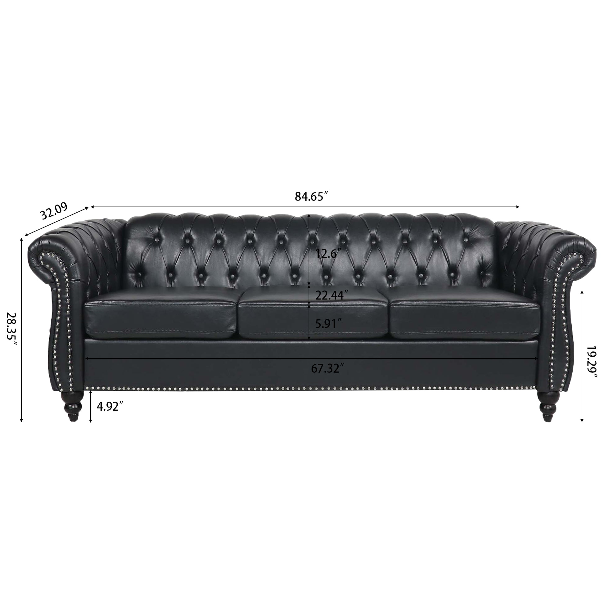 84.65" Black Pu Rolled Arm Chesterfield Three Seater Sofa. Black Foam Pu