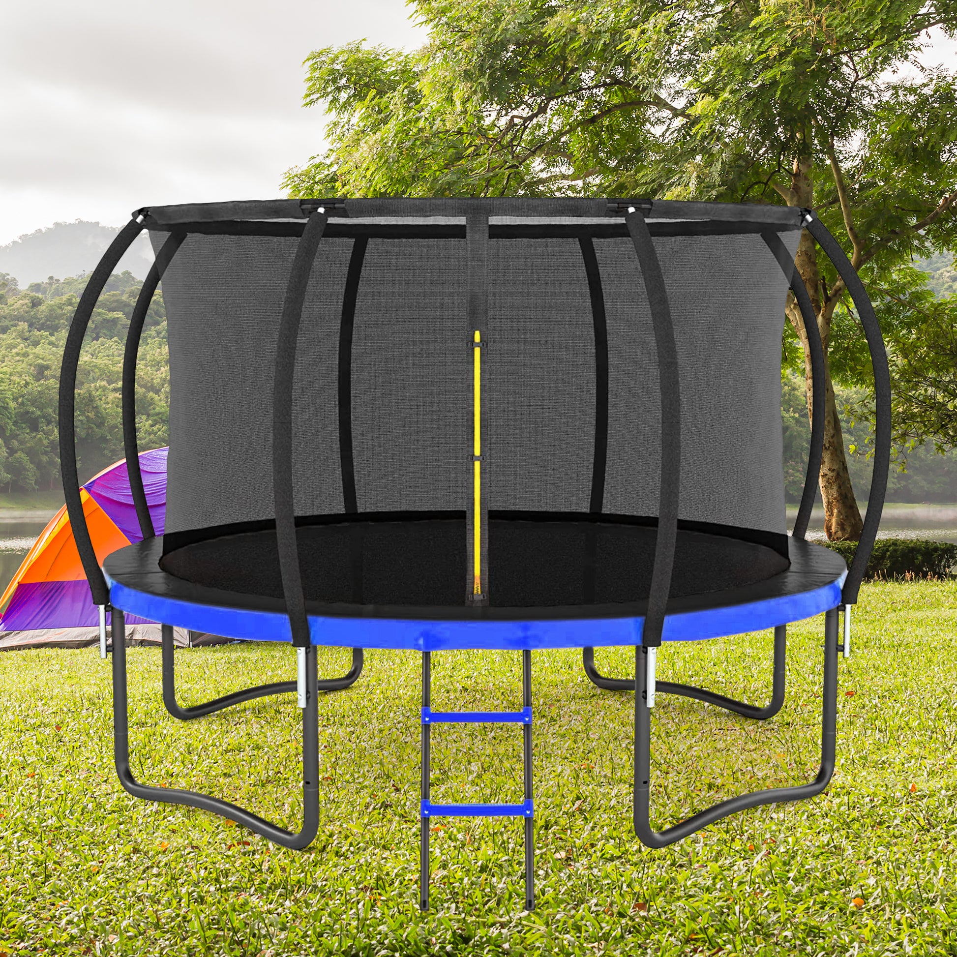 12Ft Outdoor Big Trampoline With Inner Safety Enclosure Net, Ladder, Pvc Spring Cover Padding, For Kids, Black&Blue Color Black Blue Metal