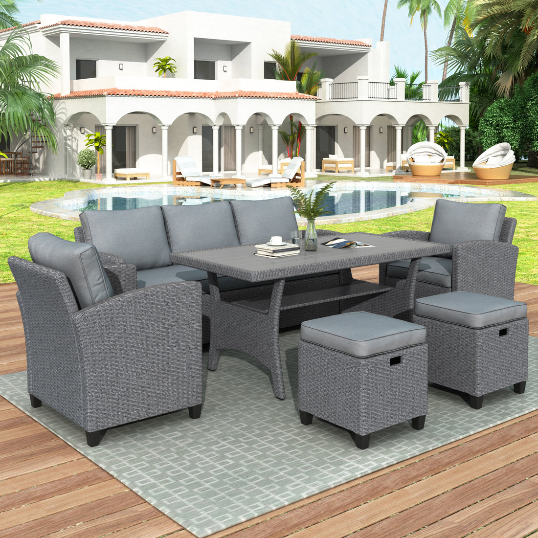 6 Piece Outdoor Rattan Wicker Set Patio Garden Backyard Sofa, Chair, Stools And Table Gray Rattan Gray Cushion Yes Complete Patio Set Grey Weather Resistant Frame Bedroom Casual Complete Patio Sets Foam Rattan