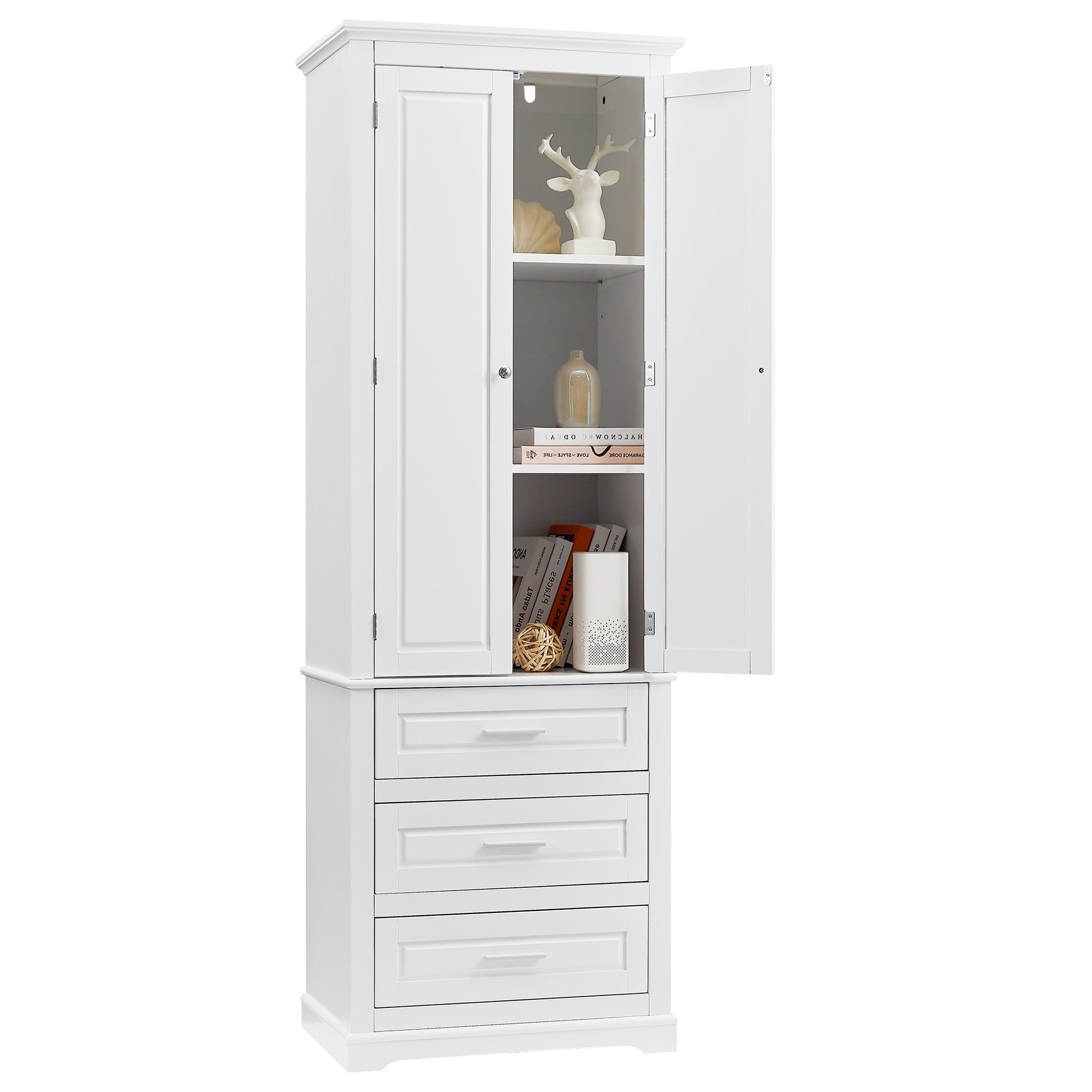 Tall Storage Cabinet With Three Drawers For Bathroom Office, White White Mdf