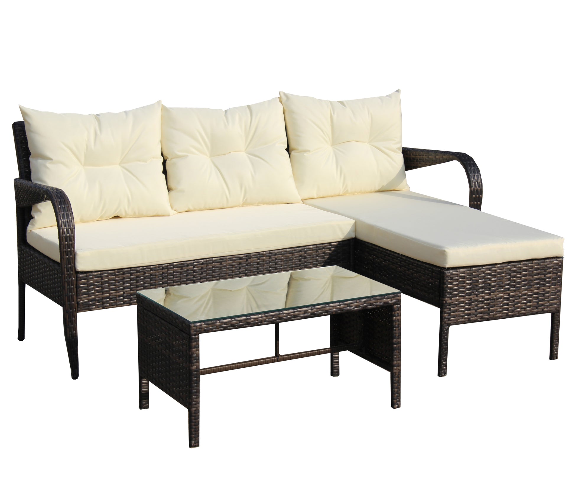 Outdoor Patio Furniture Sets 3 Piece Conversation Set Wicker Ratten Sectional Sofa With Seat Cushions Beige Cushion Brown Rattan