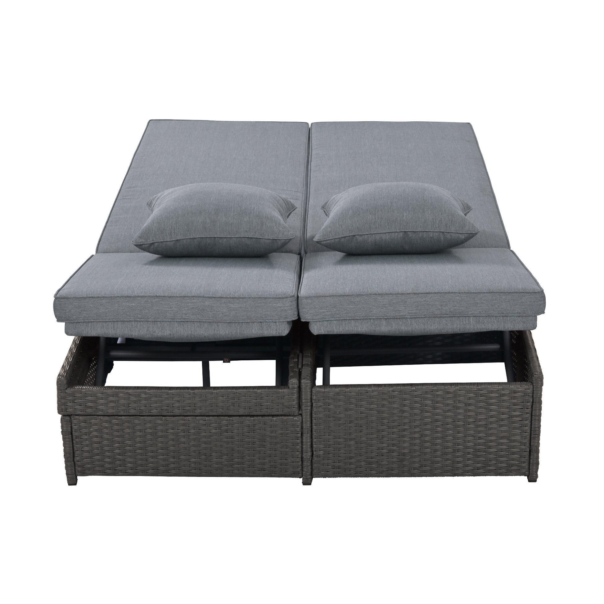 Outdoor Double Sunbed, Wicker Rattan Patio Reclining Chairs With Adjustable Backrest And Seat, Conversational Set For 2 Person, Gray Yes Complete Patio Set Gray Water Resistant Frame Water Resistant Cushion Garden & Outdoor Casual Sofa Seating Groups