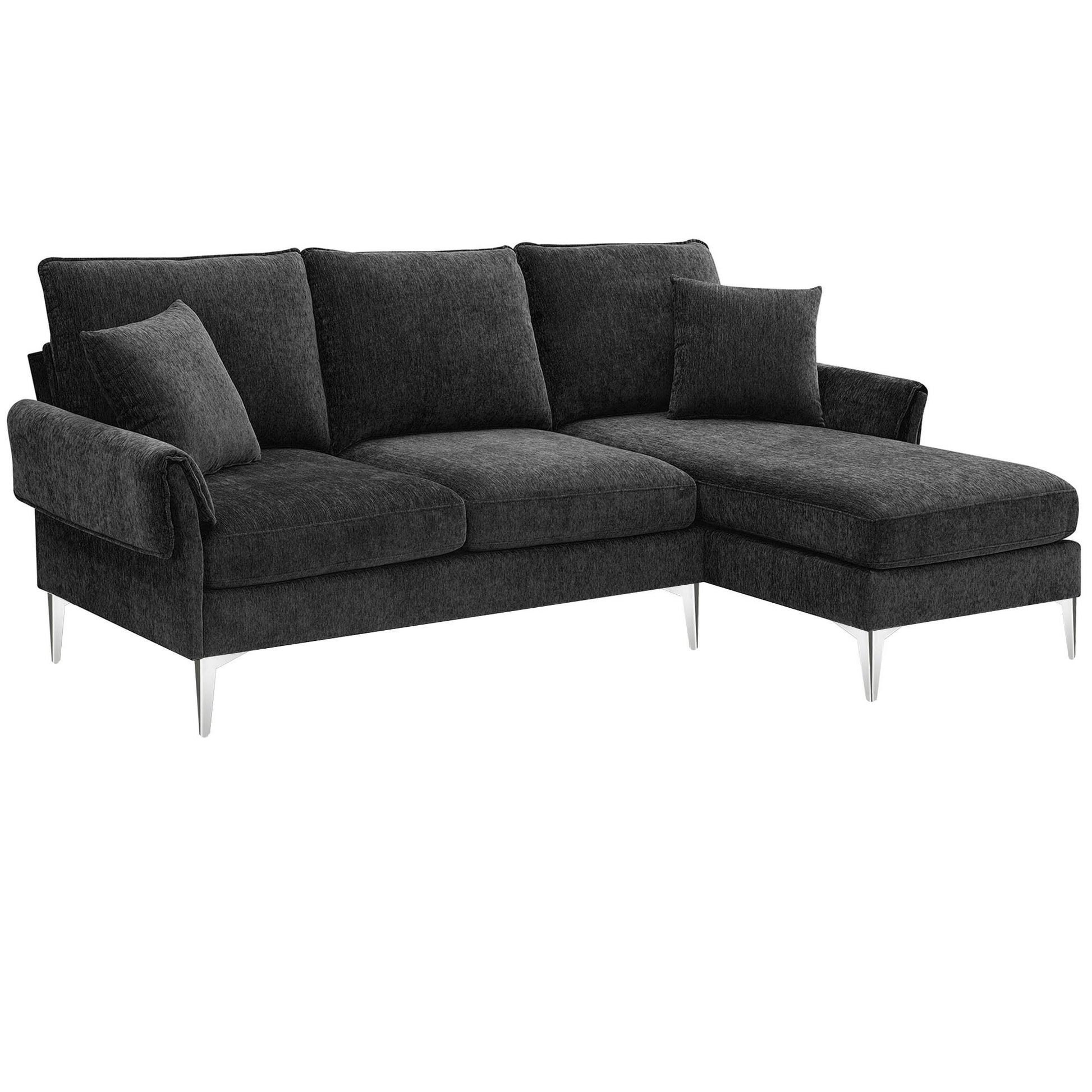 84 " Convertible Sectional Sofa, Modern Chenille L Shaped Sofa Couch With Reversible Chaise Lounge, Fit For Living Room, Apartment 2 Pillows Black Fabric