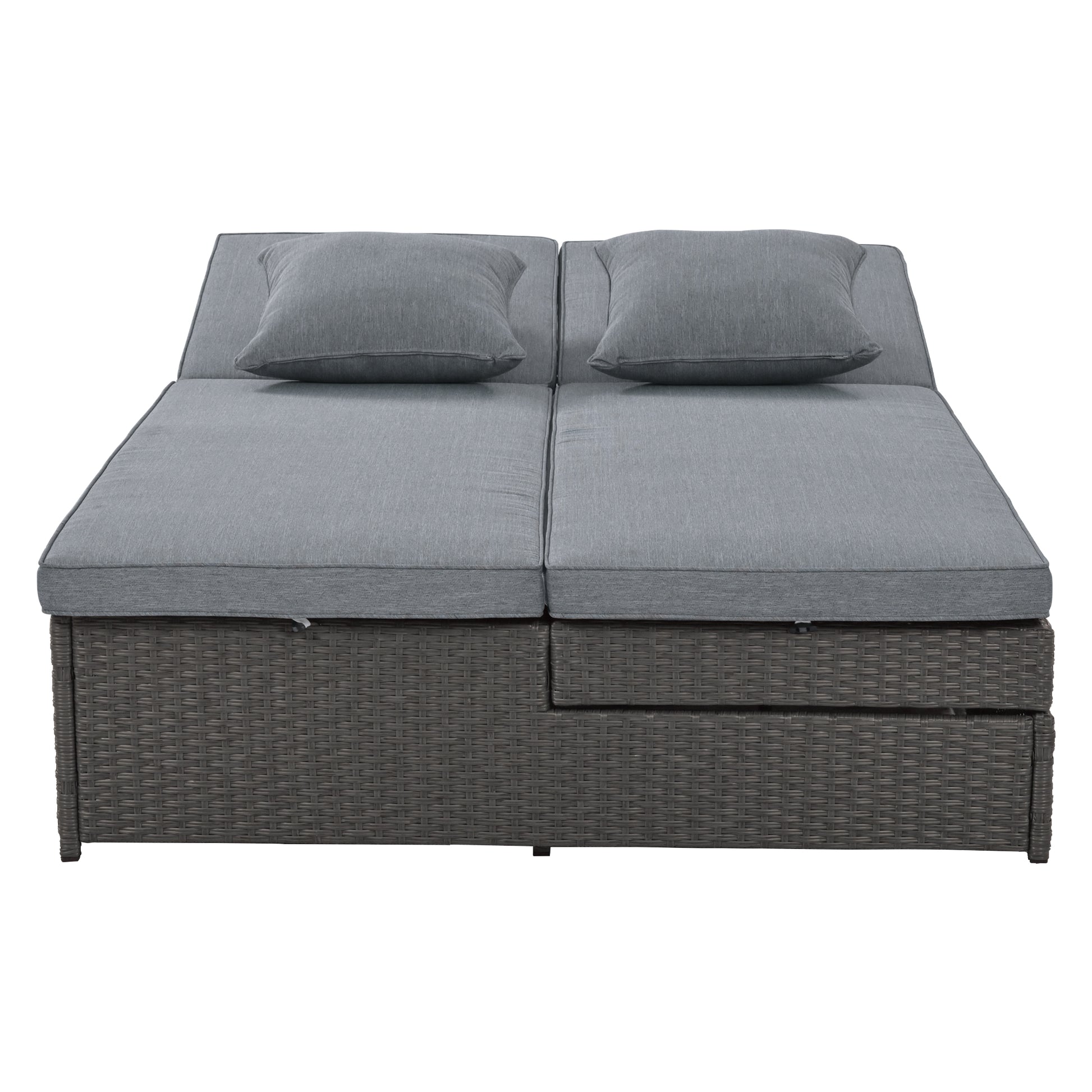 Outdoor Double Sunbed, Wicker Rattan Patio Reclining Chairs With Adjustable Backrest And Seat, Conversational Set For 2 Person, Gray Yes Complete Patio Set Gray Water Resistant Frame Water Resistant Cushion Garden & Outdoor Casual Sofa Seating Groups