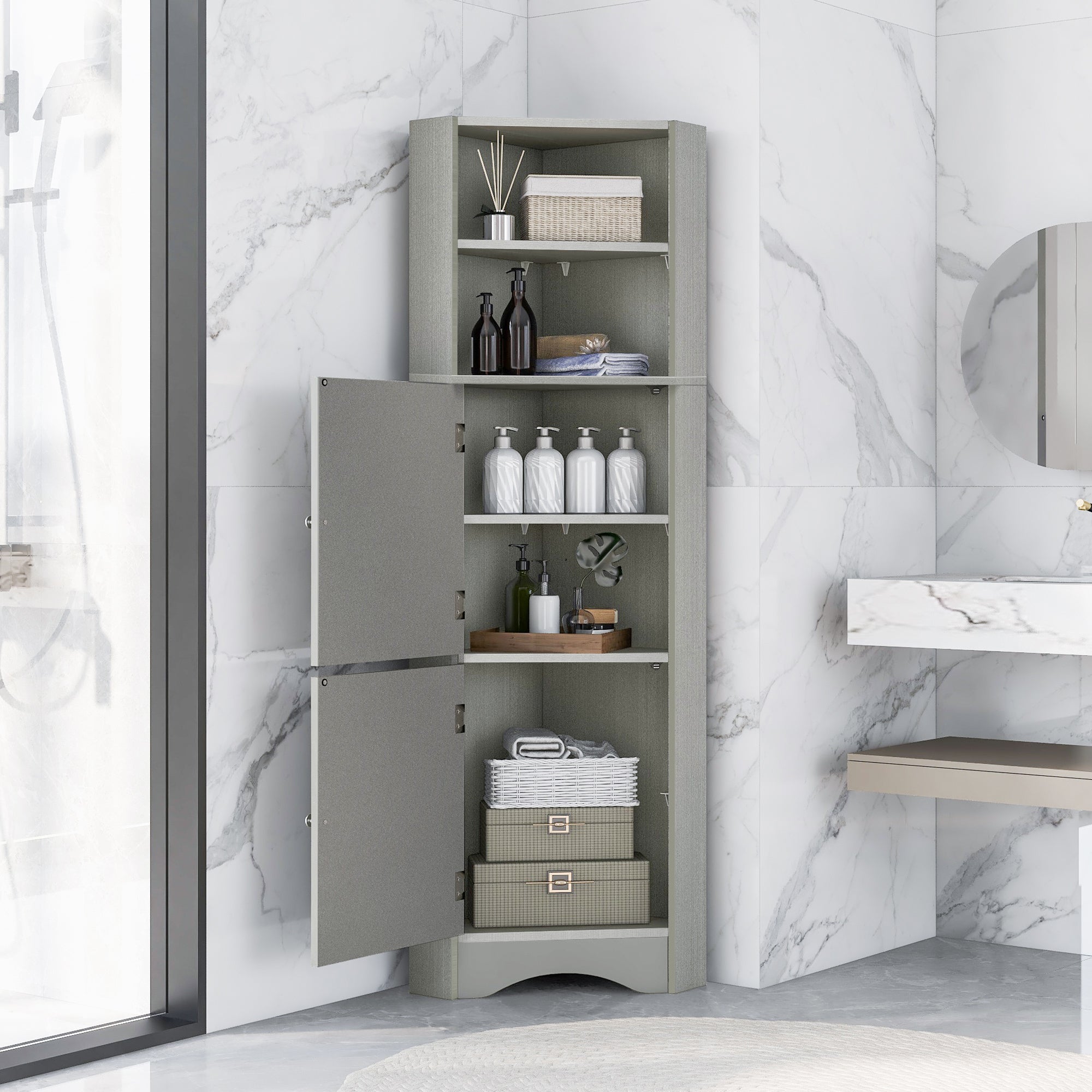 Tall Bathroom Corner Cabinet, Freestanding Storage Cabinet With Doors And Adjustable Shelves, Mdf Board, Gray Gray Mdf